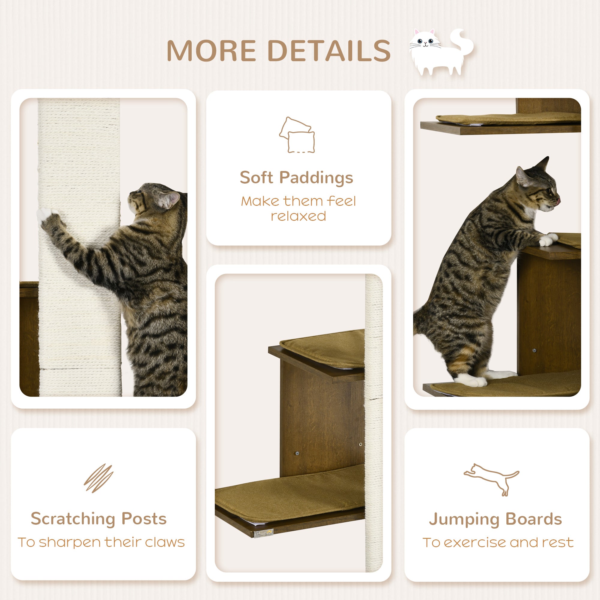Wall-Mounted Cat Tree, 4-Layer Cat Wall Shelves Furniture with Scratching Board, Kitten Activity Center with Cushions, Natural - Natural wood finish - Image 5