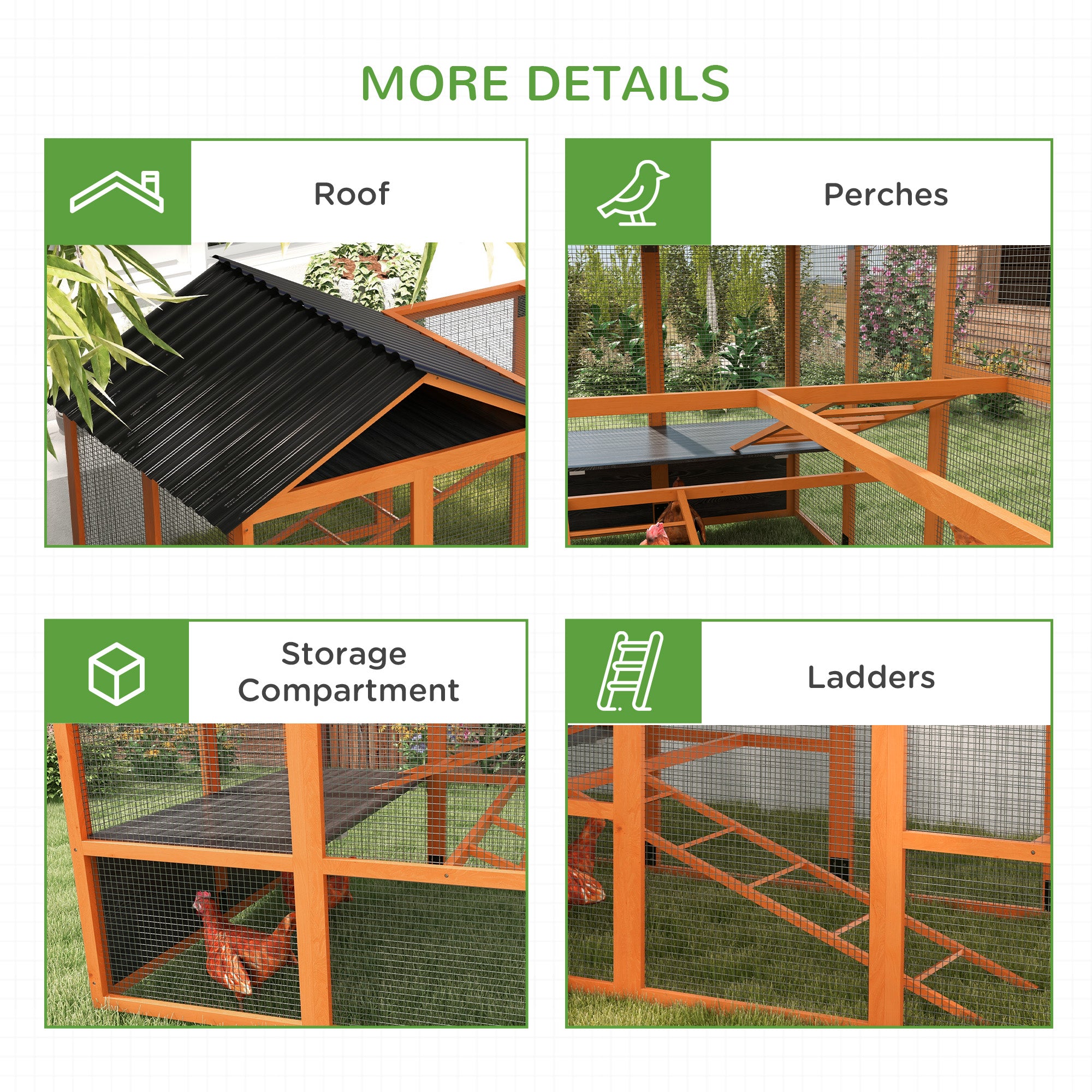 Wooden Chicken Coop Run for 6 - 10 Chickens, Hen House Add-On with Storage, Perches, 141.75" x 48" x 61", Orange - Orange - Image 6