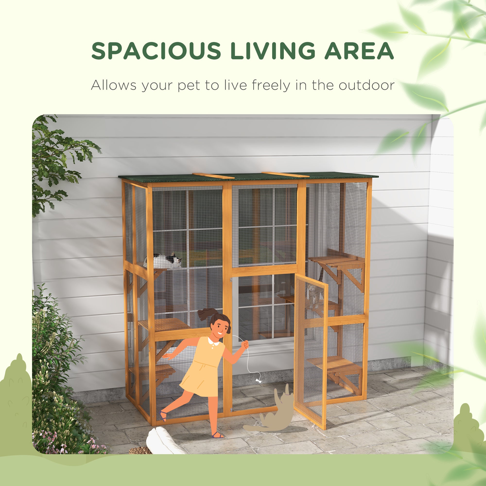 Outdoor Cat House Big Catio Wooden Feral Cat Shelter Enclosure with Large Spacious Interior, 6 High Ledges, Weather Protection Asphalt Roof, 71" L, Orange - Orange - Image 7