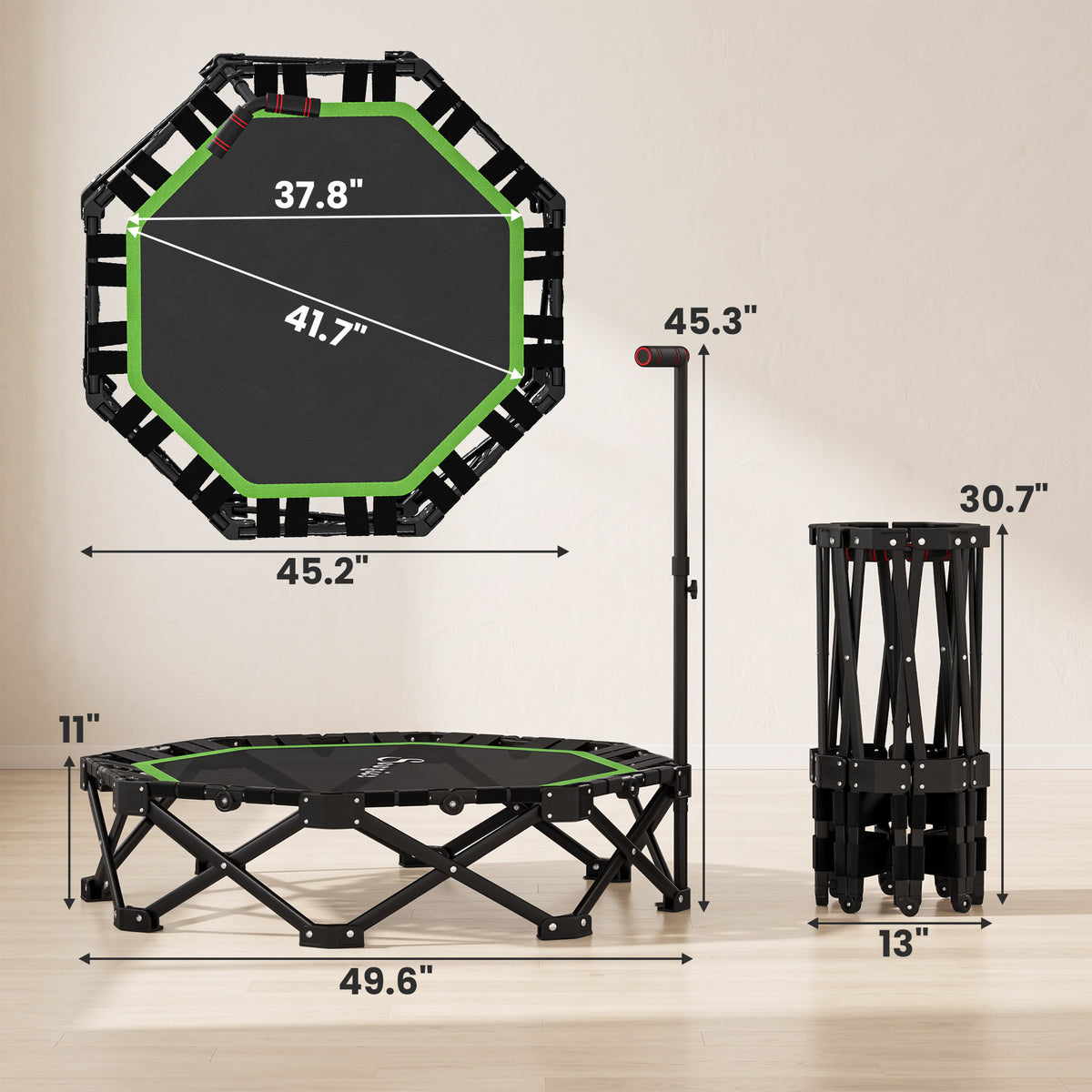 50" Foldable Mini Trampoline for Adults, One-Step Fold & Open, 550LBS Capacity, 3-Level Adjustable Handle, Green