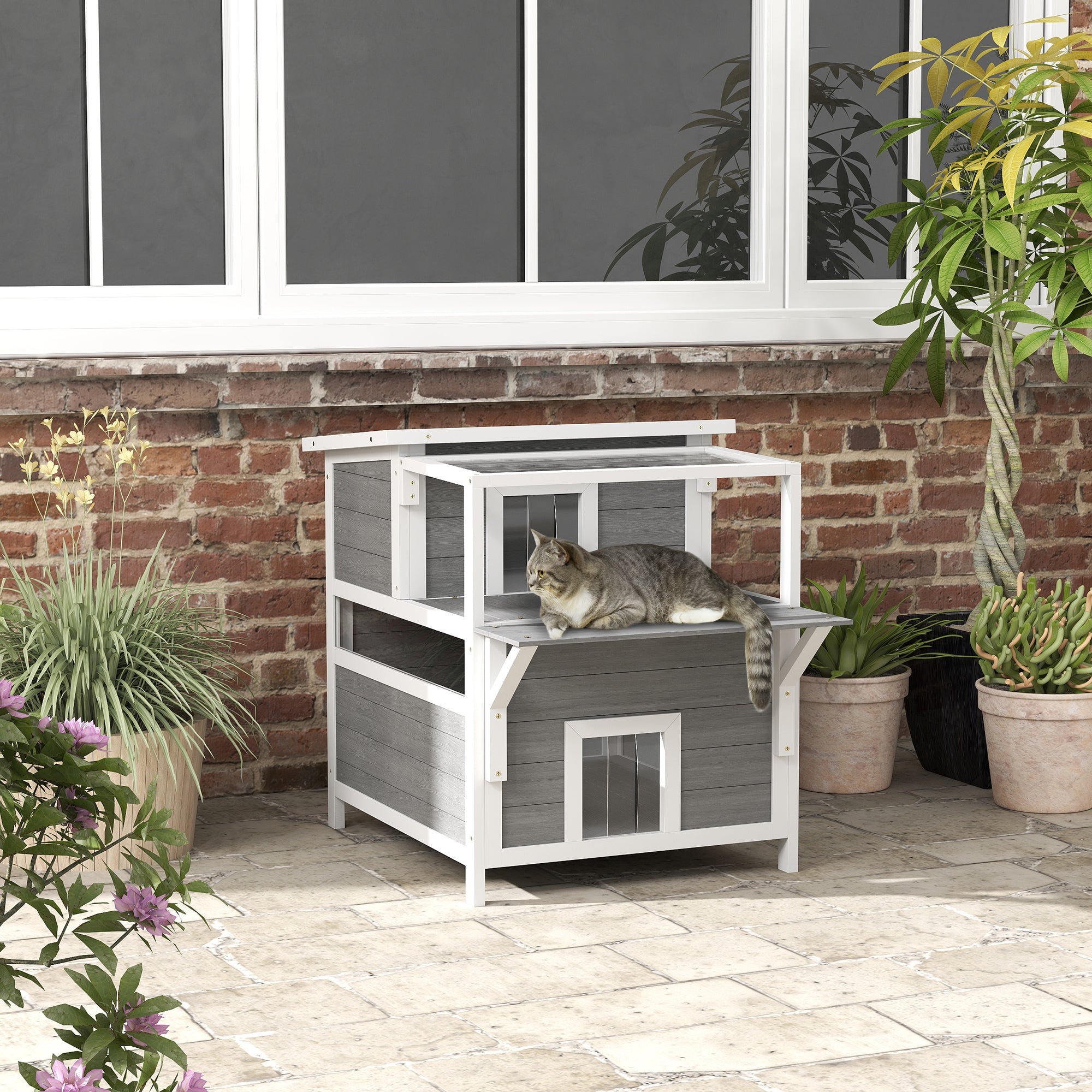 2-Story Wooden Cat House Outdoor with Balcony, Openable Top, Escape Door, Removable Panel & Floor, for Backyard, Outside - Light Gray - Image 2