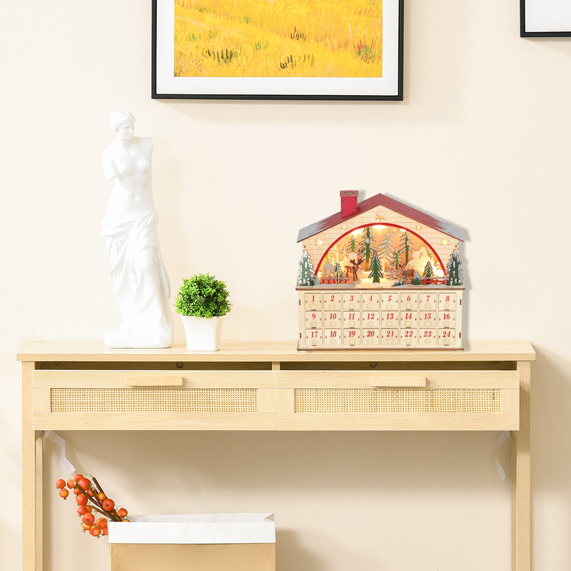 Christmas Advent Calendar with 24 Countdown Drawers and LED Lights, Wooden Advent Calendar House, Battery Operated