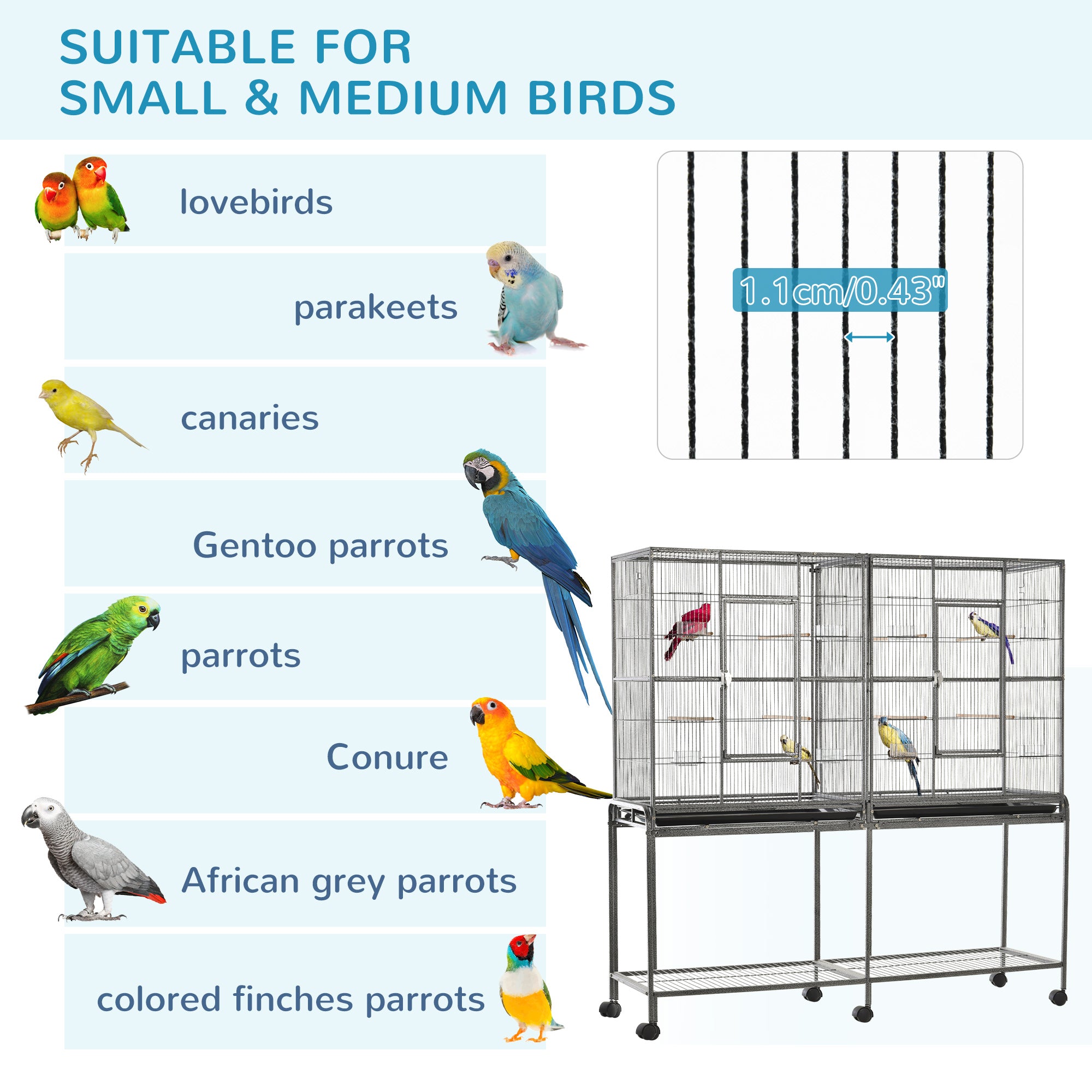 Rolling 65"L Bird Cage w/ Storage Shelf Wood Perch Food Container - Black, Gray - Image 7