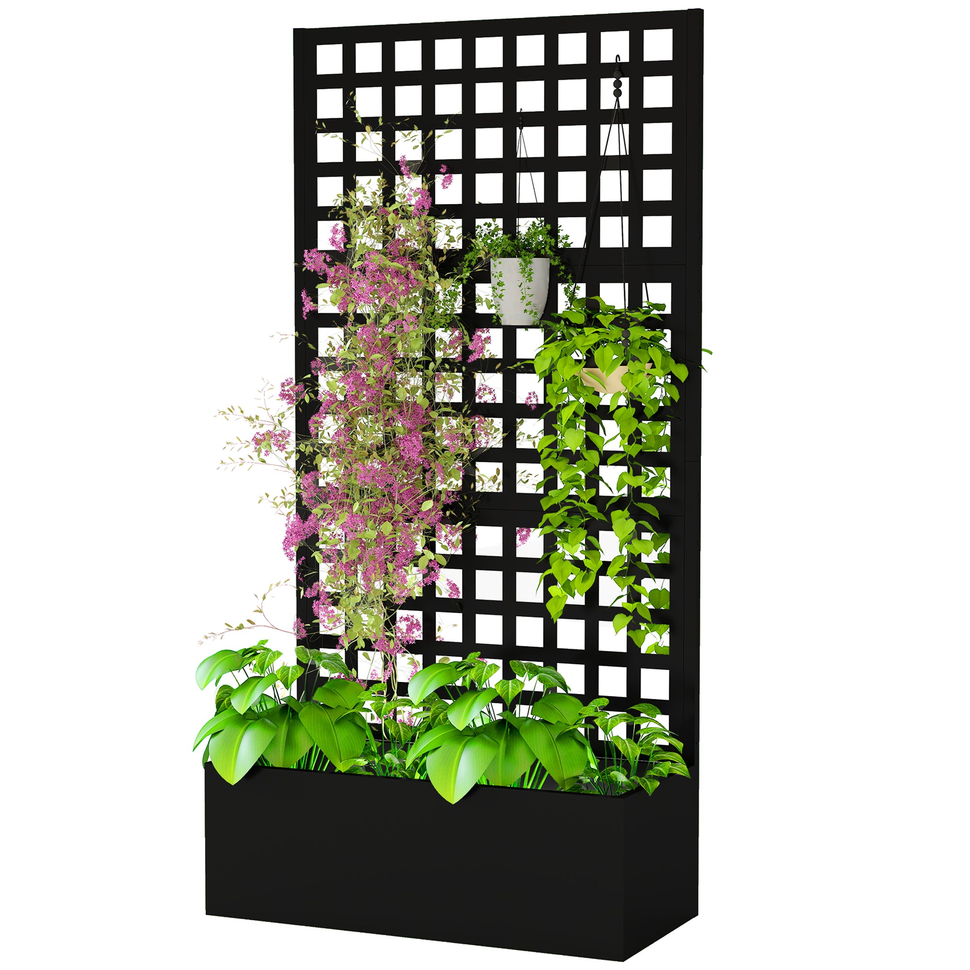 Galvanized Raised Garden Bed Planter Box with Trellis for Climbing Plants, Vegetable, Vines, 35" x 16" x 70", Black - Black