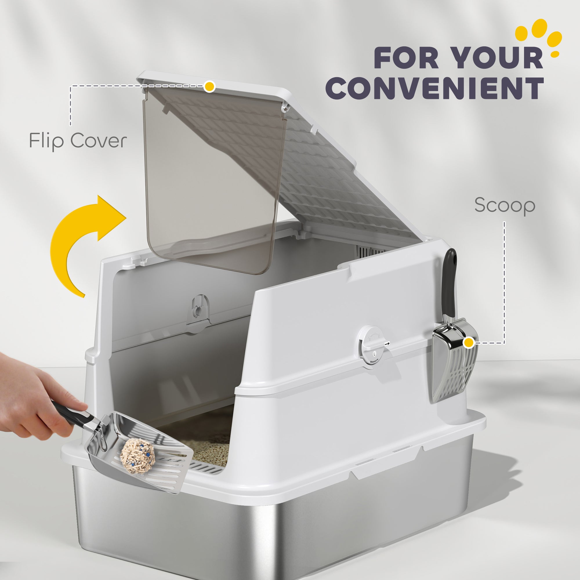 Extra Large Stainless Steel Cat Litter Box for Big Cats with Flip Cover, High-Sided Enclosure & Scoop - Light Gray - Image 8