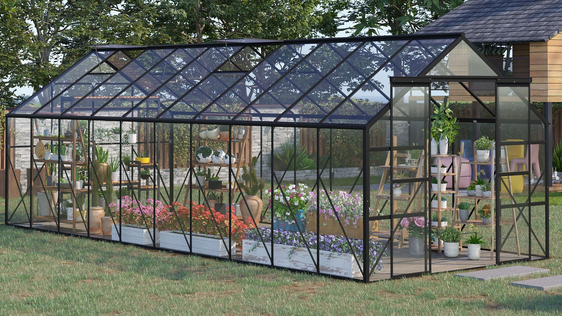 20' x 8' Aluminum Greenhouse Polycarbonate Walk-in Garden Greenhouse Kit with Adjustable Roof Vent, Rain Gutter and Sliding Door for Winter, Clear - Clear - Image 2