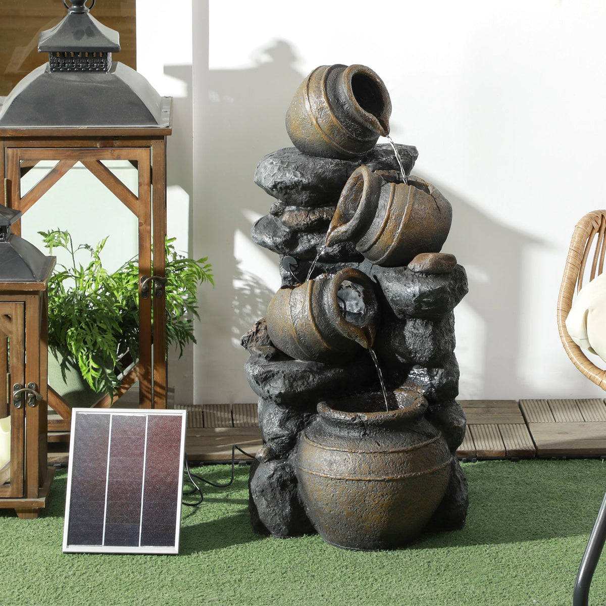 28.3" Solar Water Fountain, 4-Tier Resin Cascading Jars and Stacked Stones Outdoor Waterfall Fountain with LED Lights