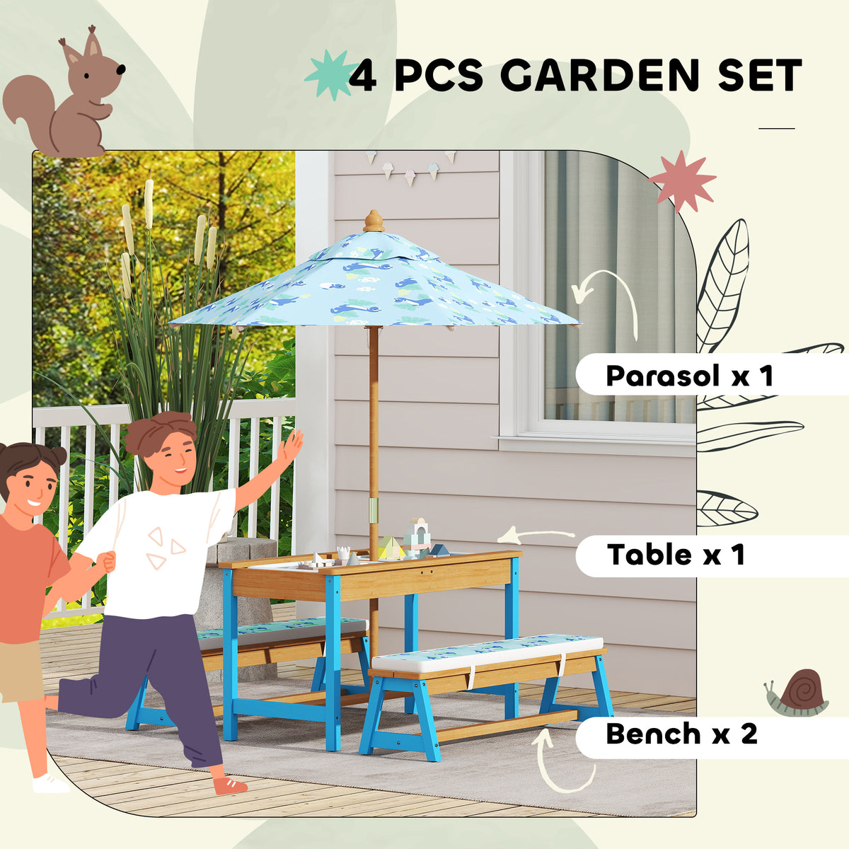 Qaba Kids Picnic Table Set with Foldable Umbrella, Removable Cushions & Boxes, Dinosaur Theme, Blue