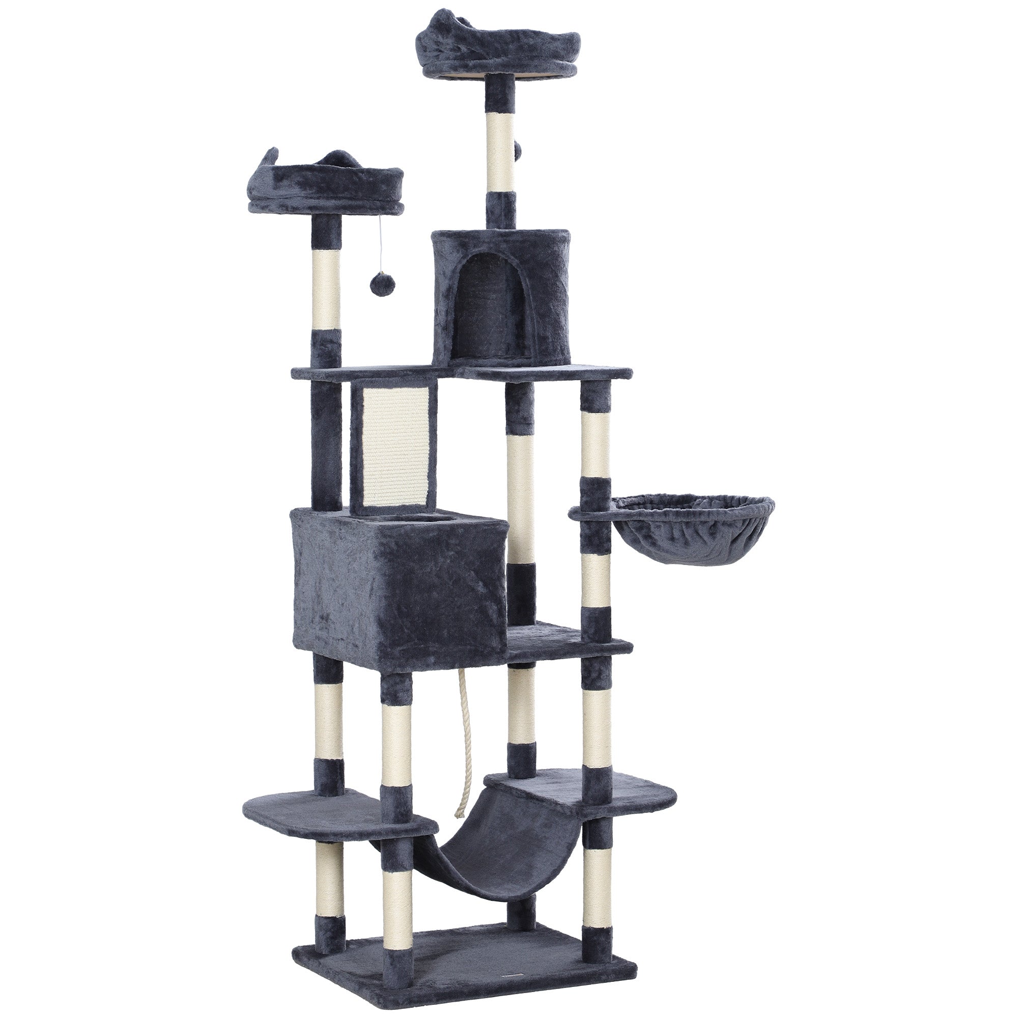 81" Cat Tree w/ Cat Scratching Posts, Scratching Board, Condos, Beds, Hammocks, Toy Balls, Rope Cat Toy, Gray - Dark Gray