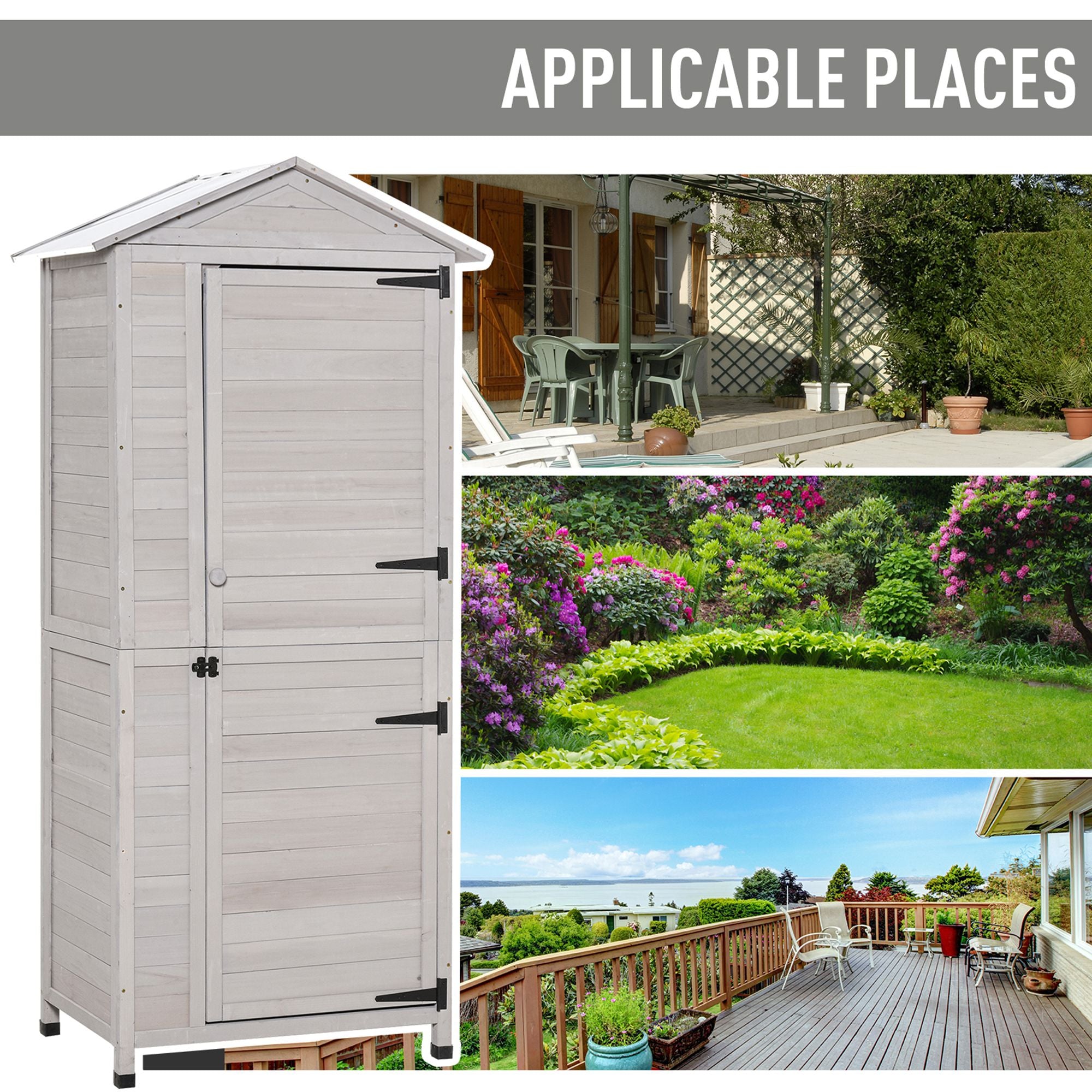 Wooden Garden Cabinet 4-Tier Storage Shed Lockable Organizer w/ Foot Pad Handle - Light Grey - Image 5