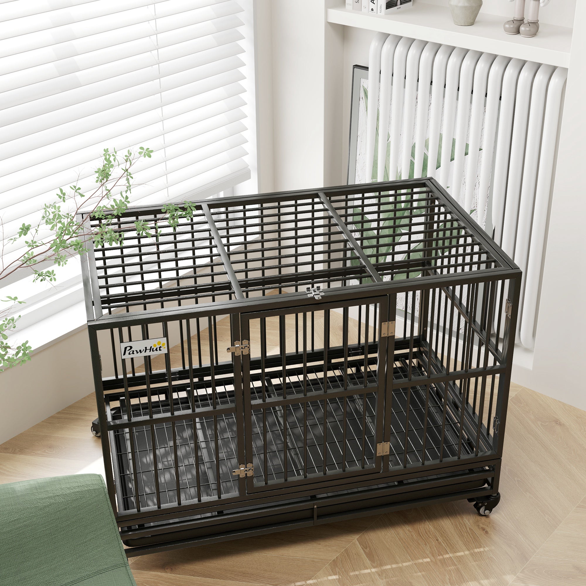 48" Heavy Duty Dog Crate Metal Cage Kennel with Lockable Wheels, Double Door and Removable Tray, gray - Gray - Image 8