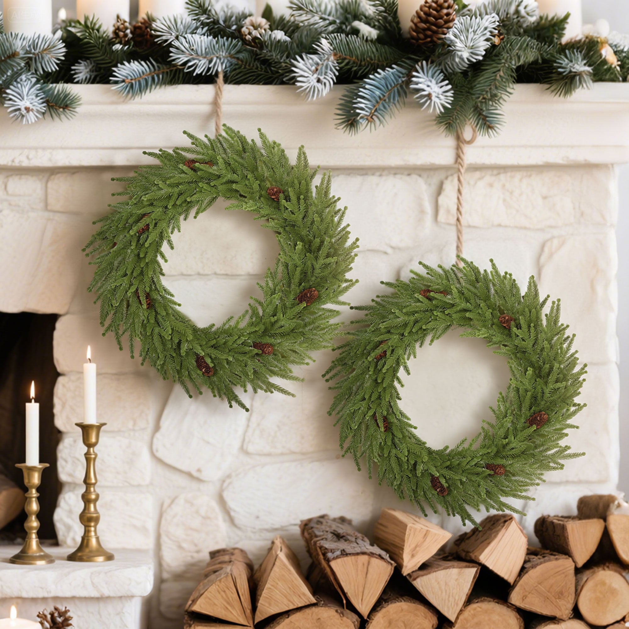 24 inch Christmas Wreath, Artificial Norfolk Pine Wreath with Pine Cones and 88 Realistic Branches for Door, Wall