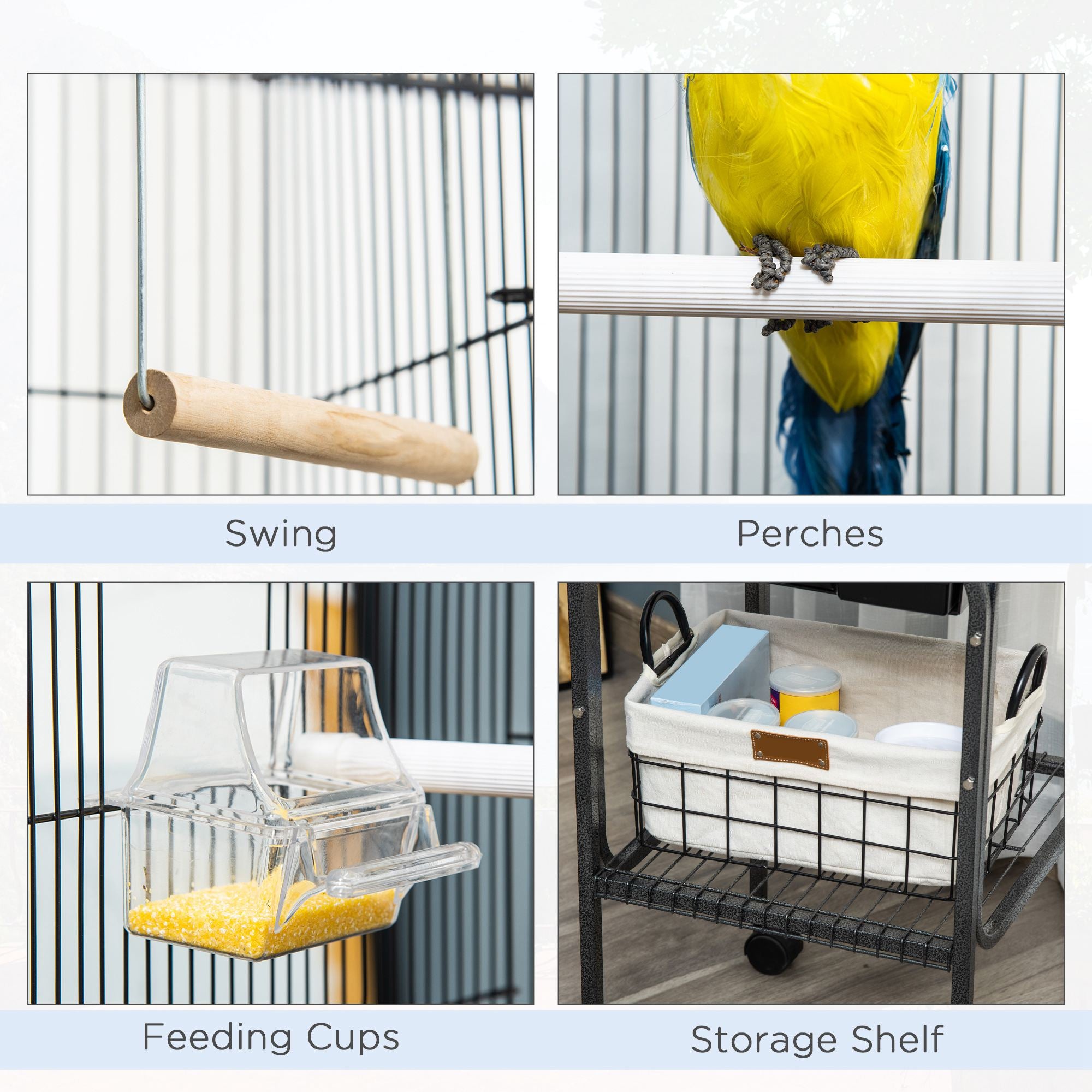 45-inch Metal Indoor Bird Cage, Parrot Cage, Bird Aviary with Detachable Rolling Stand, Storage Basket, and Accessories - Black - BLACK - Image 7