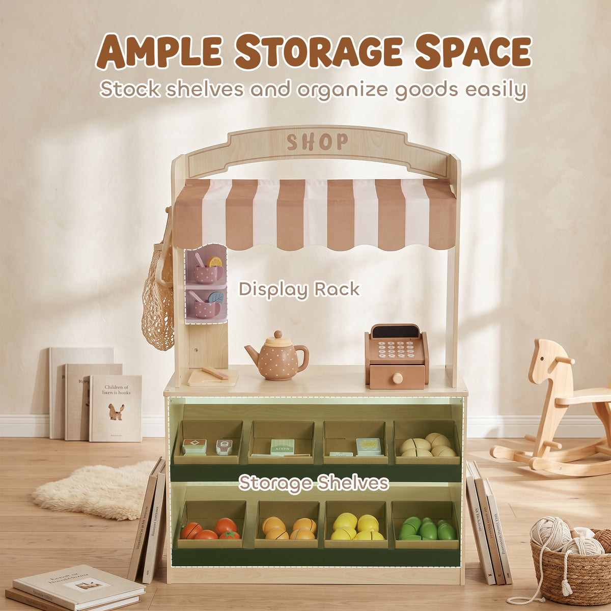 Wooden Grocery Store Playset Pretend Play with Play Food, Cash Register, Chalkboard, 61 Accessories for Boys & Girls 3-8