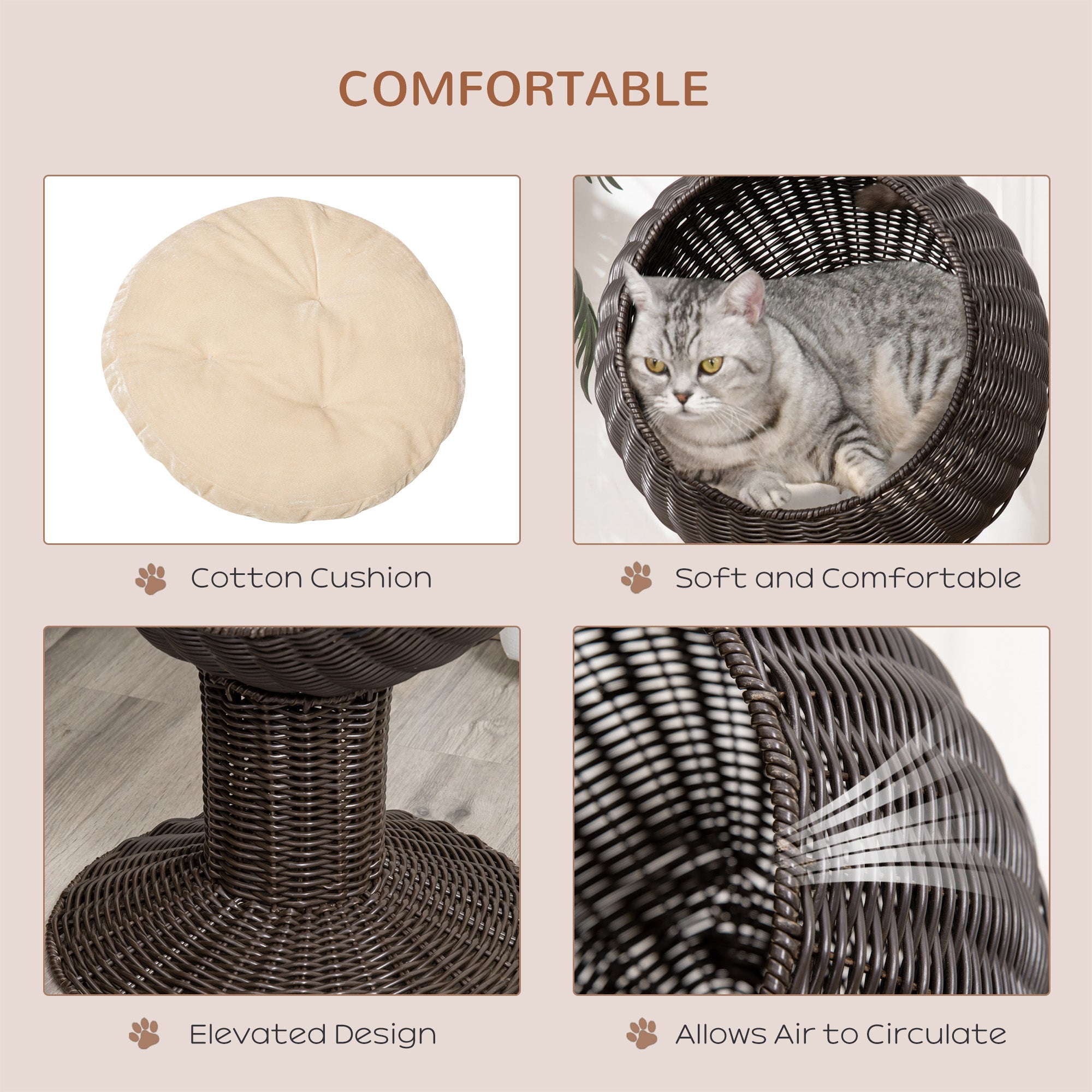 Elevated Cat Bed with Rotatable Egg Chair Pod, Cat Basket Bed with Thick Cushion, Natural Mat Grass Woven Kitty House, Coffee - Coffee - Image 5