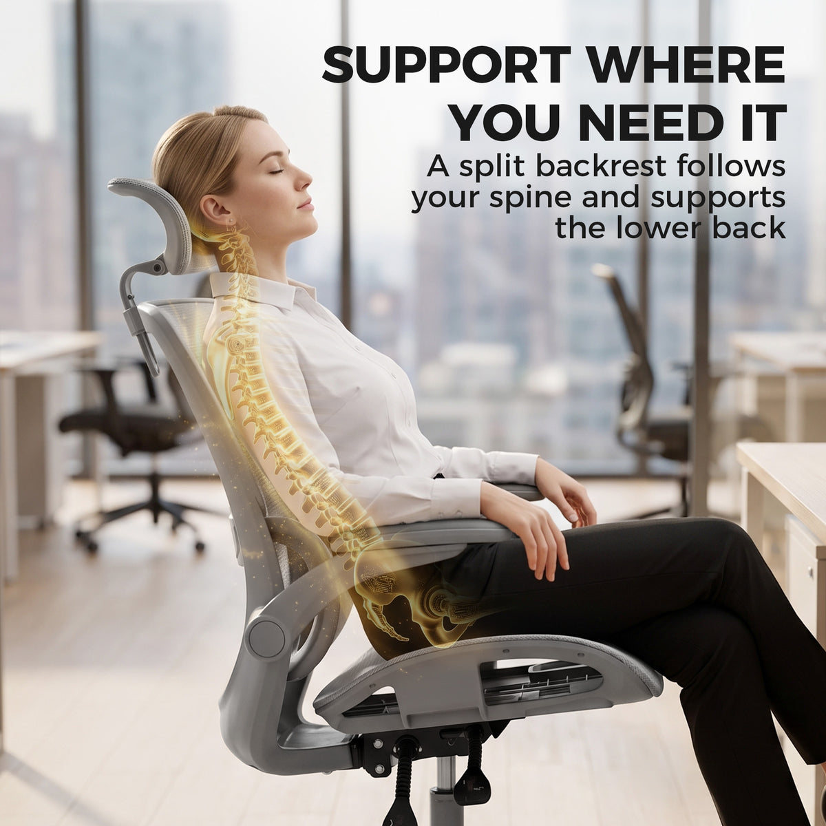 Ergonomic Office Chair with Adaptive Lumbar Support, Reclining Mesh Desk Chair with 2D Headrest, Flip-Up Arms, Gray