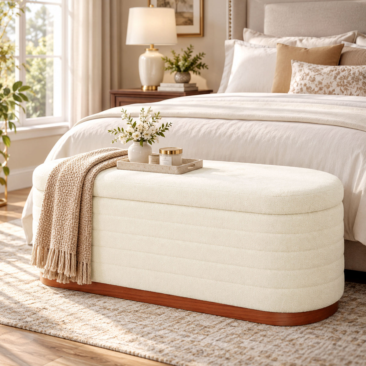 Storage Ottoman Bench Oval Chenille Upholstered Ottoman with Storage Chest, Cream White