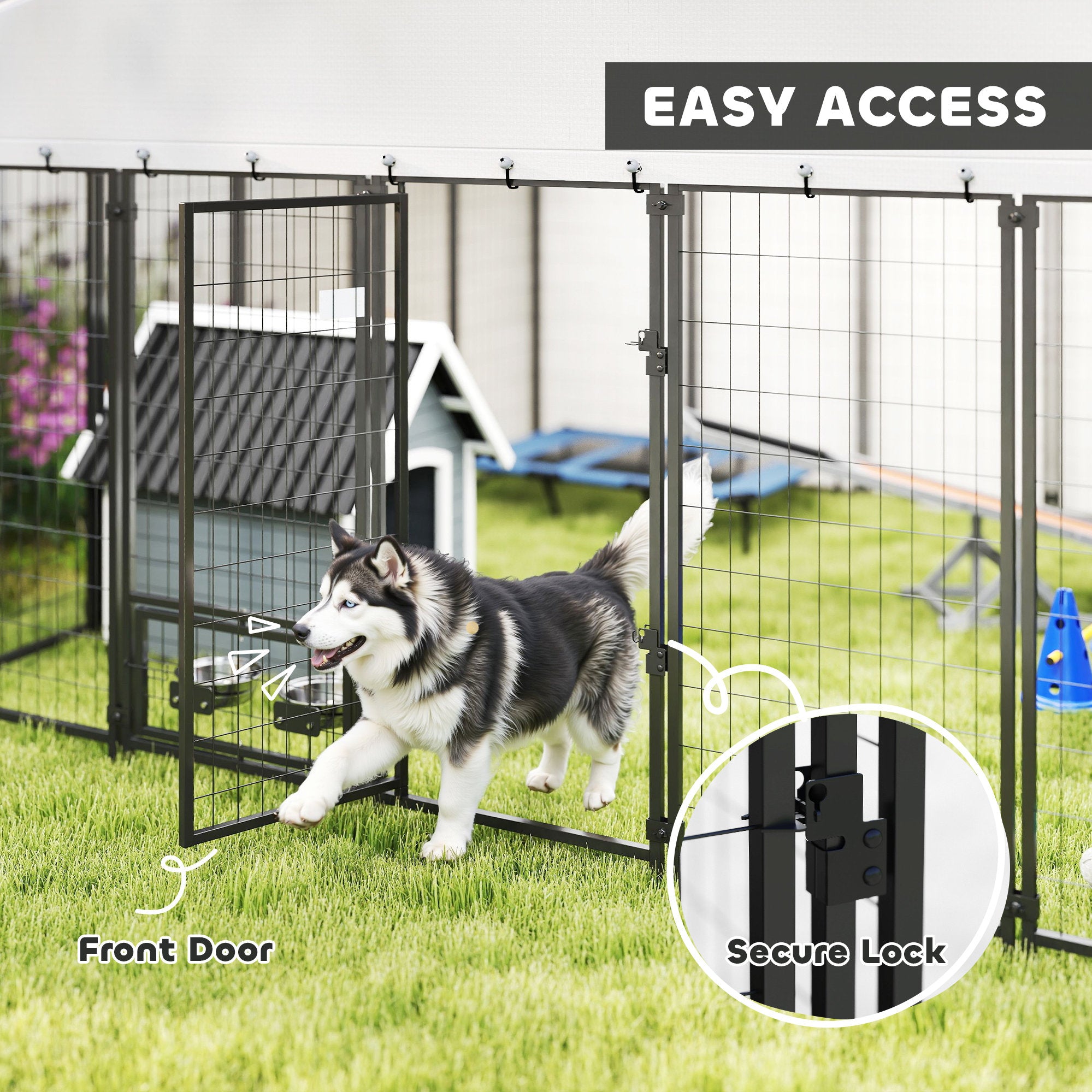 9.8' x 9.8' x 6' Outdoor Dog Kennel, Dog Kennel Outside Run with 360° Rotating Bowls, Waterproof & UV Resistant Cover - Silver - Image 6