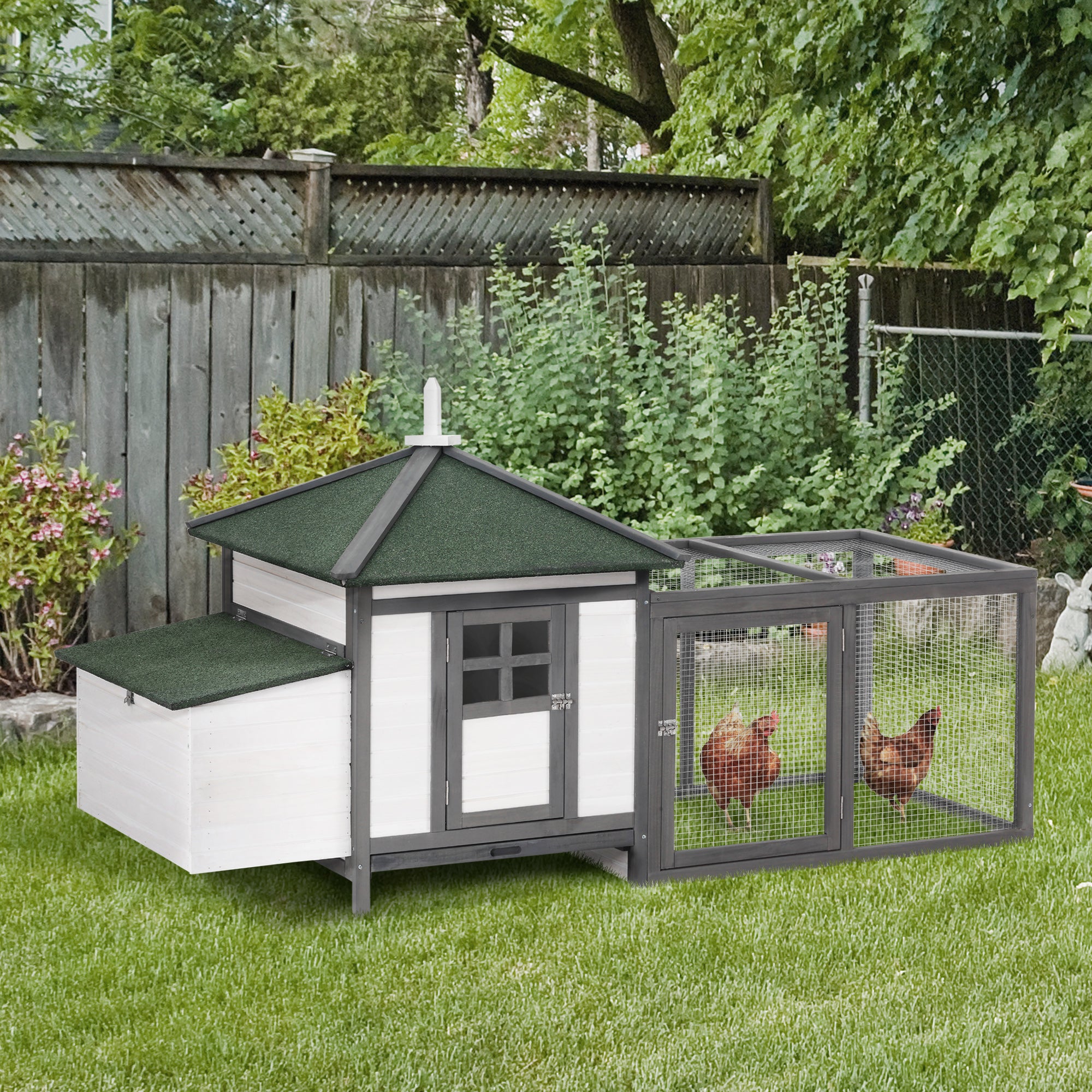 77" Wooden Chicken Coop with Nesting Box, Cute Outdoor Hen House with Removable Tray, Ramp Run, for Garden Backyard, Gray - Grey - Image 2