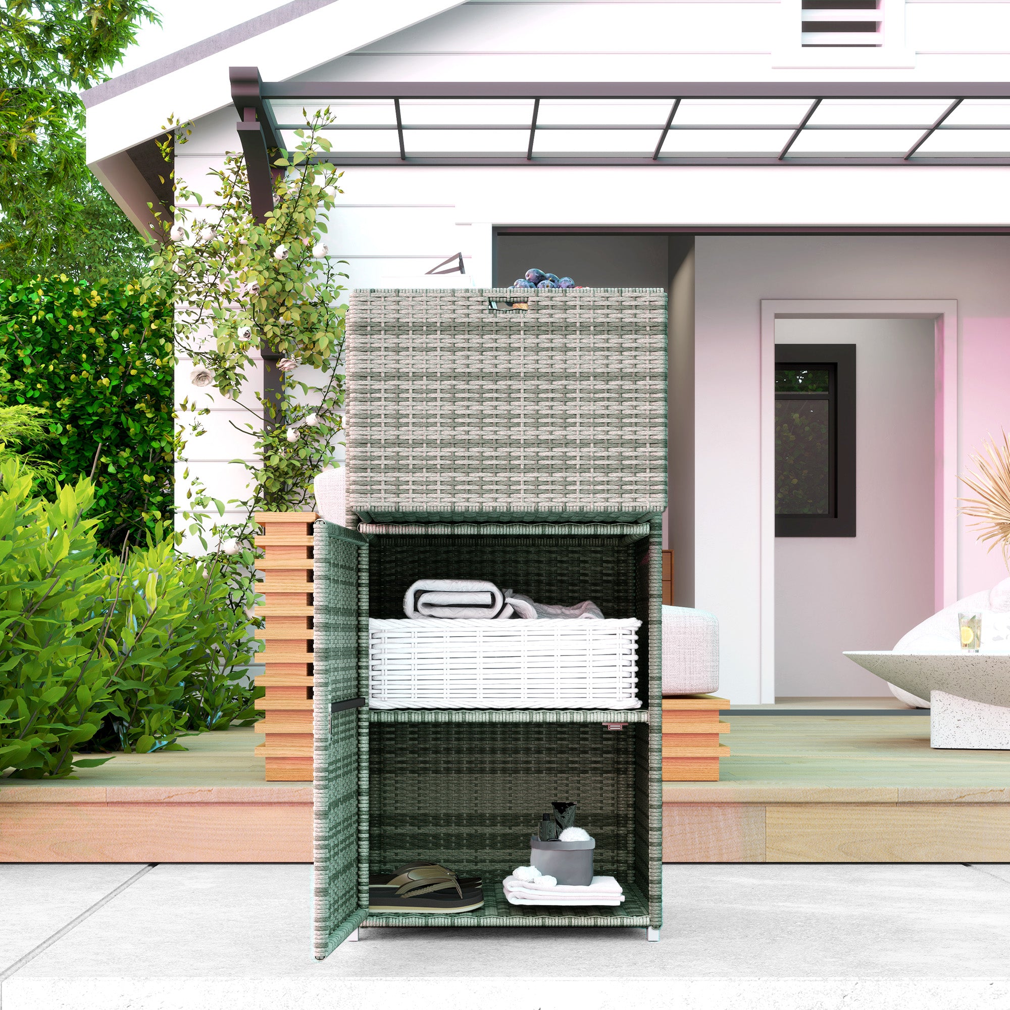 Outdoor Towel Rack for Pool w/ Drawer & Cabinet, Gray - Gray - Image 7