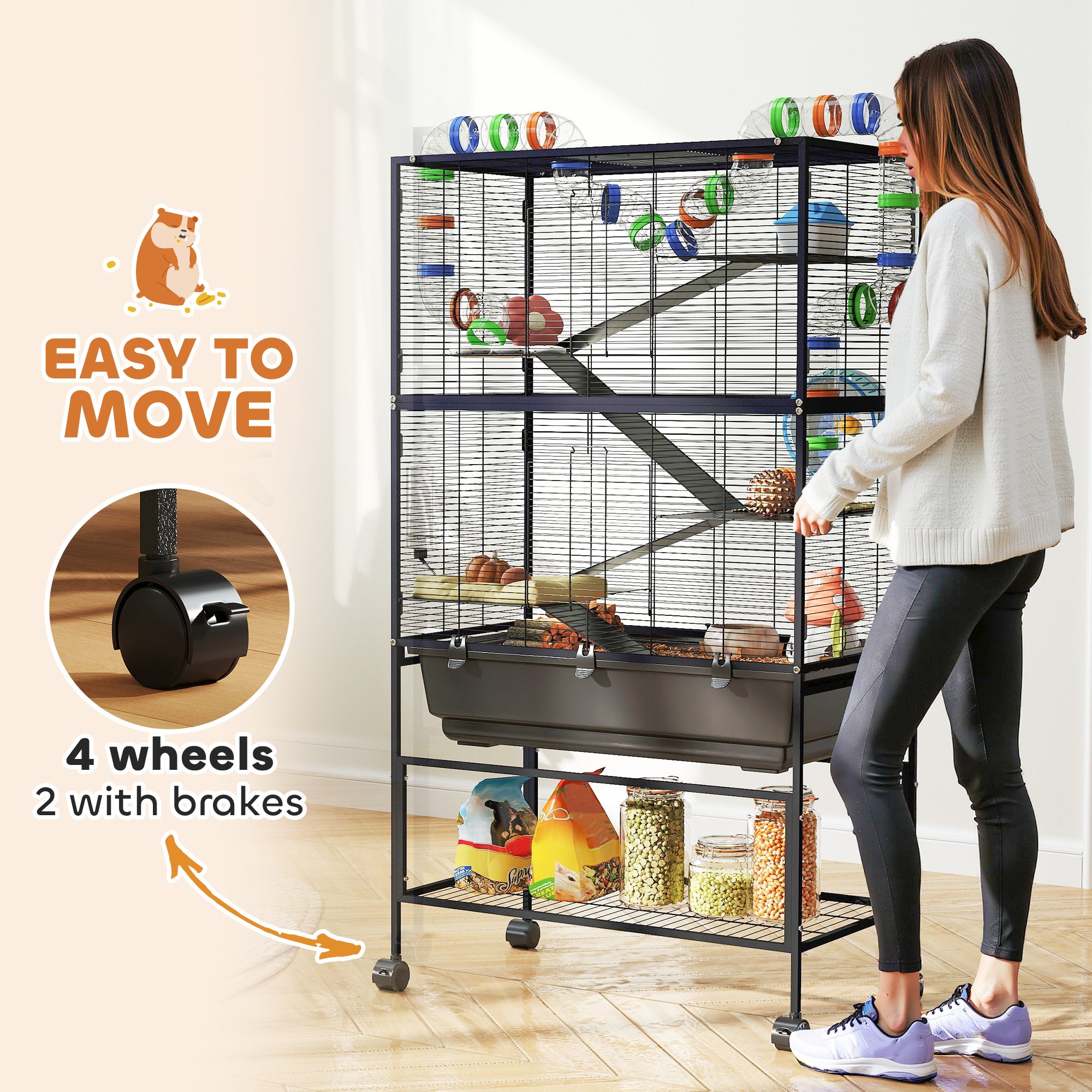 5 Tier Hamster Cage, Rolling Rat Cage with Deep Tray, Storage Shelf, Big Exercise Wheel, Hut, Tube System - Black - Image 8
