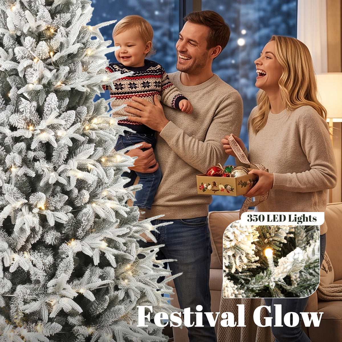 7ft Flocked Prelit Christmas Tree, Hinged Xmas Tree with 2679 Tips, 350 Warm White LED Lights, Green White