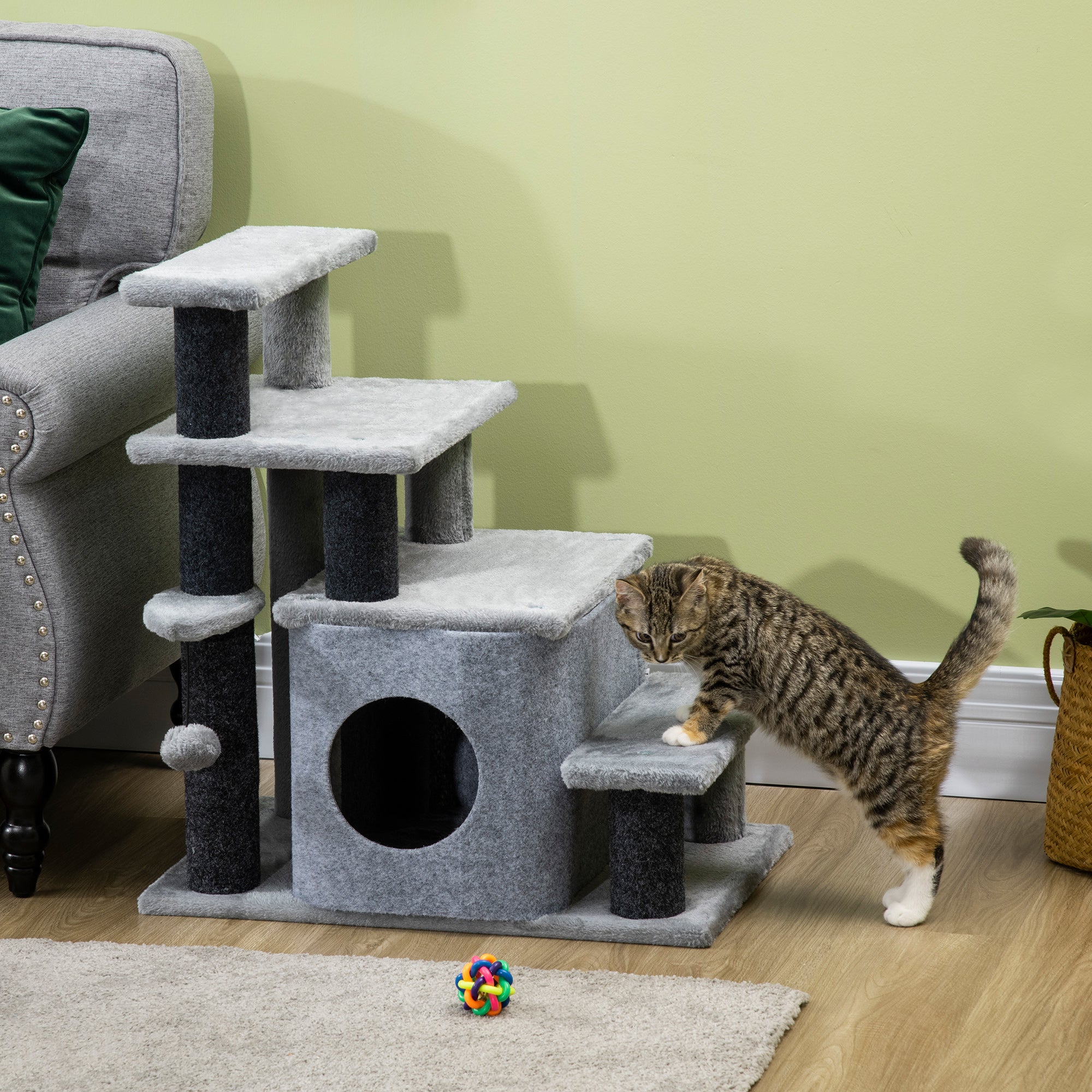 Adjustable Height 3 Step/4 Step Cat Stairs with Cat Scratching Post, Cat Condo, Toy Ball, for Bed, Sofa, Couch, Gray - Gray - Image 2