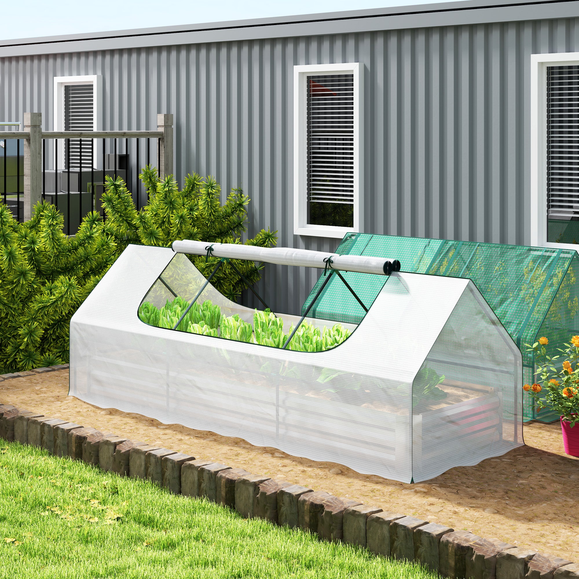 8.6 x 3 x 1ft Raised Garden Bed with Mini Greenhouse, Galvanized Raised Garden Bed with Cover for Herbs and Vegetables, Small Greenhouse for Patio Garden Balcony, White and Silver - White - Image 2