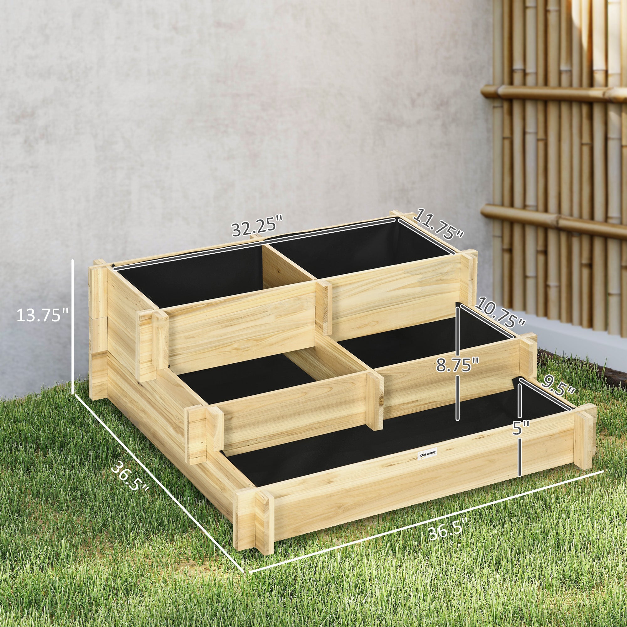 3 Tier Raised Garden Bed, Water Draining Fabric for Soil, Elevated Wood Flower Box for Vegetables, Herbs, Natural - Natural Wood - Image 3