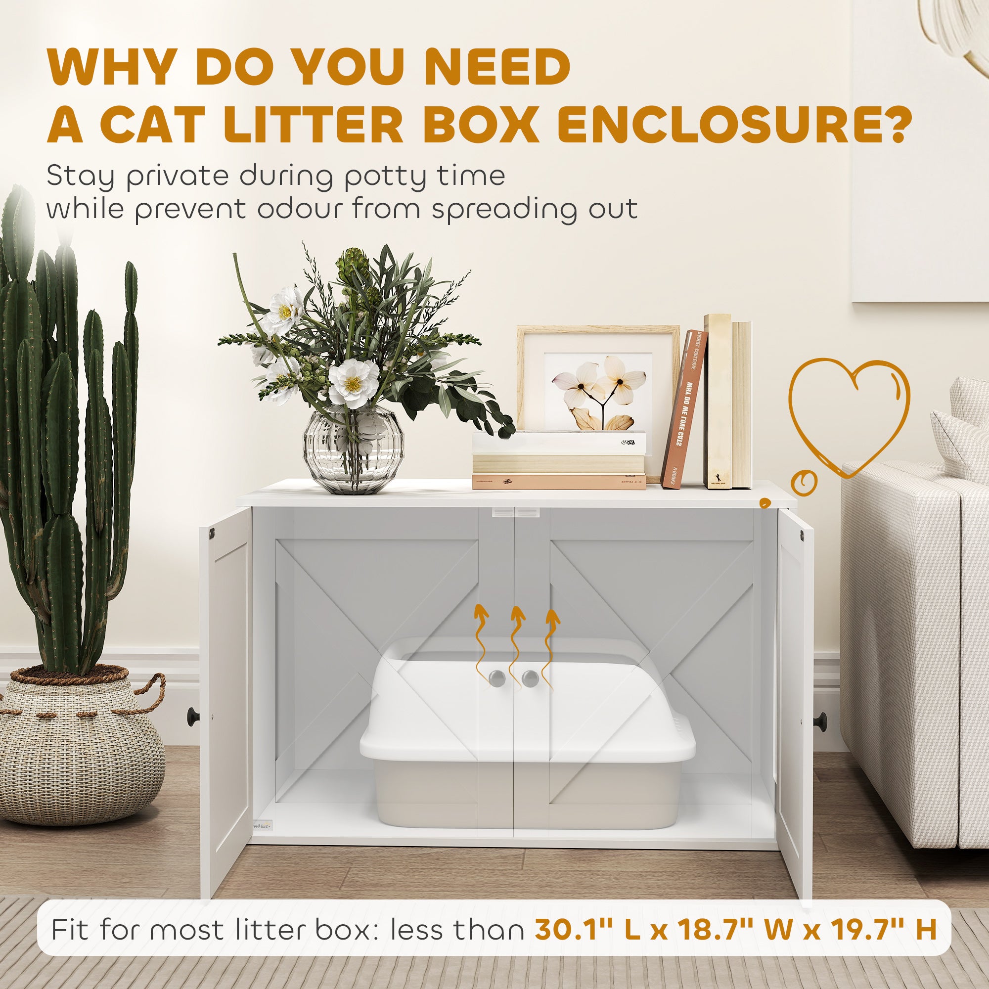 Cat Litter Box Enclosure with Barn Door, Cat Hole, 31.5" x 21" x 20", White - White - Image 5