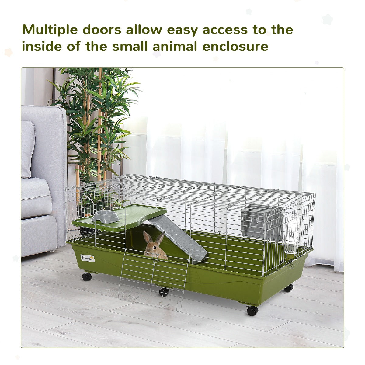 47" Small Animal Cage Chinchilla Guinea Pig Hutch Pet House with Platform Ramp, Food Dish, Wheels, & Water Bottle - Green - Image 7
