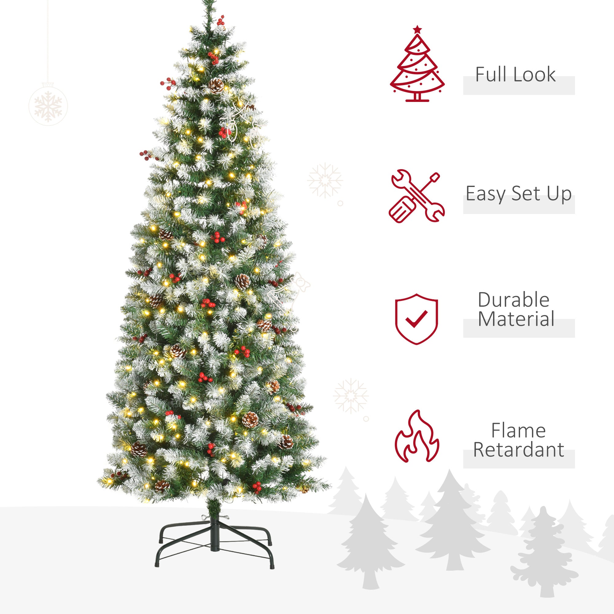 6ft Pre-Lit Snow-Dipped Artificial Christmas Tree with Realistic Branches, 300 LED Lights, Pine Cones, Red Berries and 618 Tips