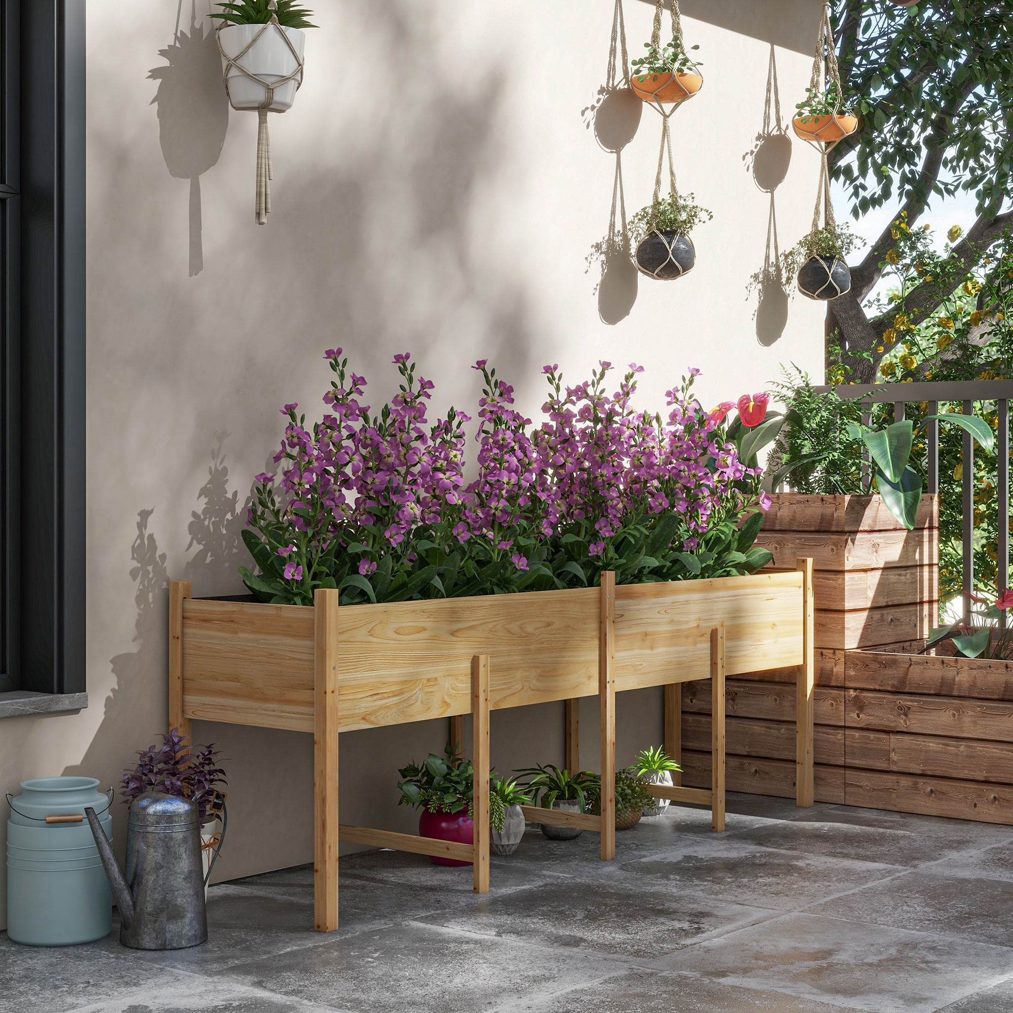 Wooden Raised Garden Bed, Large Elevated Planter Box with Legs, Bed Liner and Drain Holes, 7.4' x 1.8' x 2.6', Natural - Natural Wood - Image 2