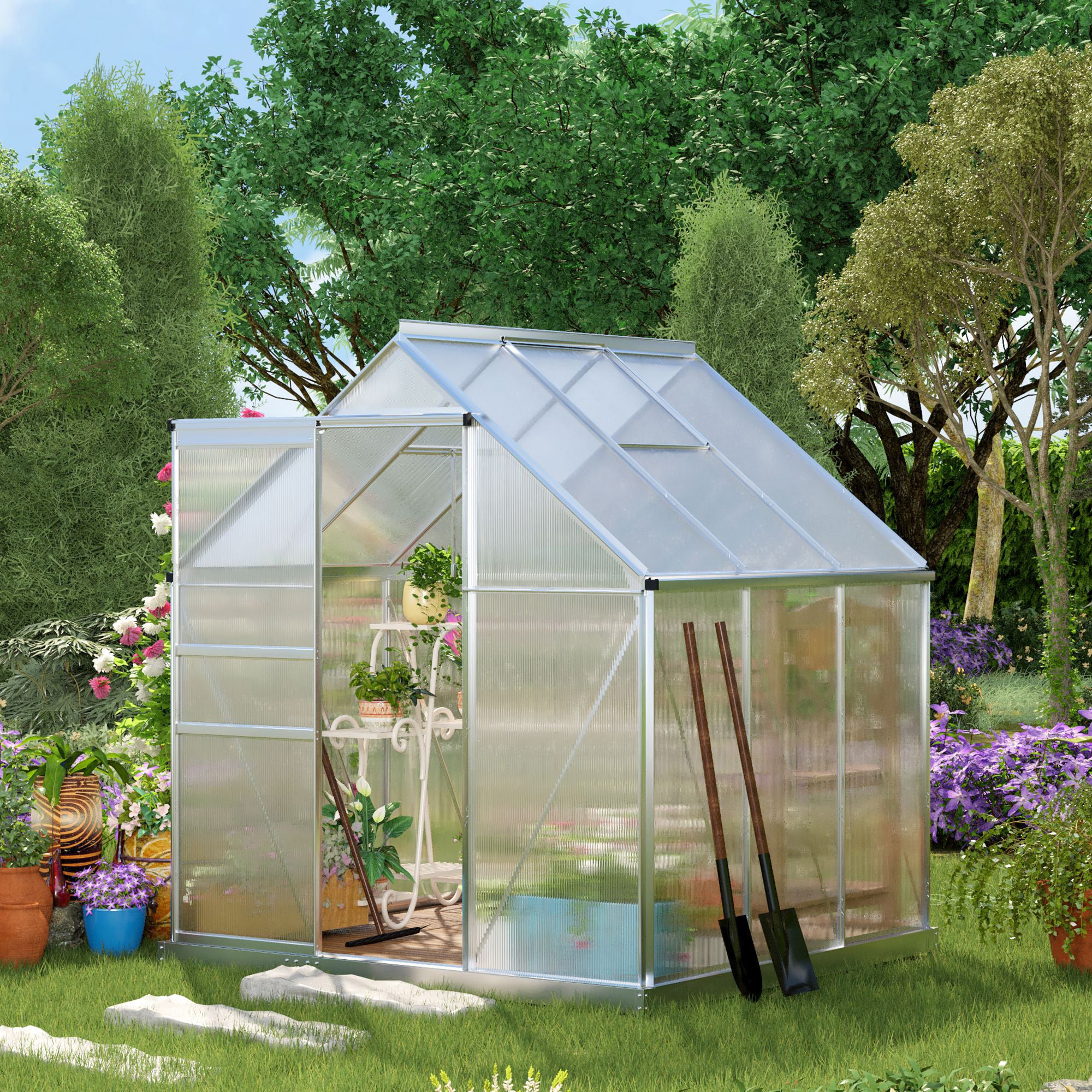 6' x 6' x 6.5' Polycarbonate Greenhouse with Aluminum Frame, Walk-in Heavy Duty Green House with Adjustable Roof Vent, Rain Gutter and Sliding Door for Winter, Silver - Silver - Image 2