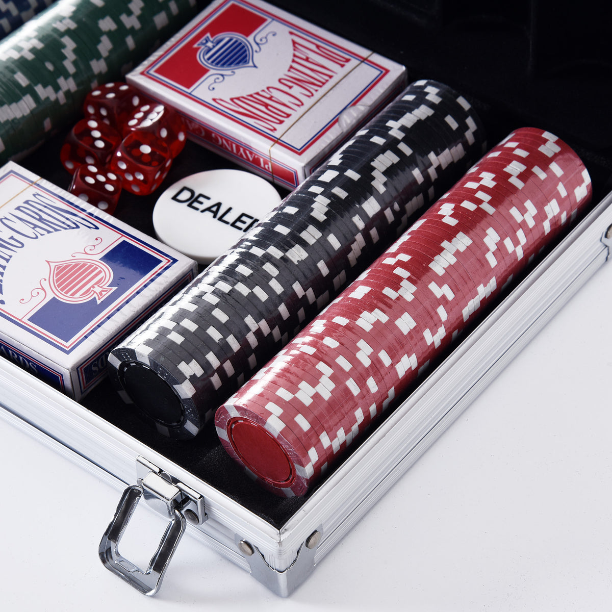 Poker Chip Set with Aluminum Case, 200 Striped Poker Chips, 2 Decks of Cards, 5 Dice, Dealer Button, Silver