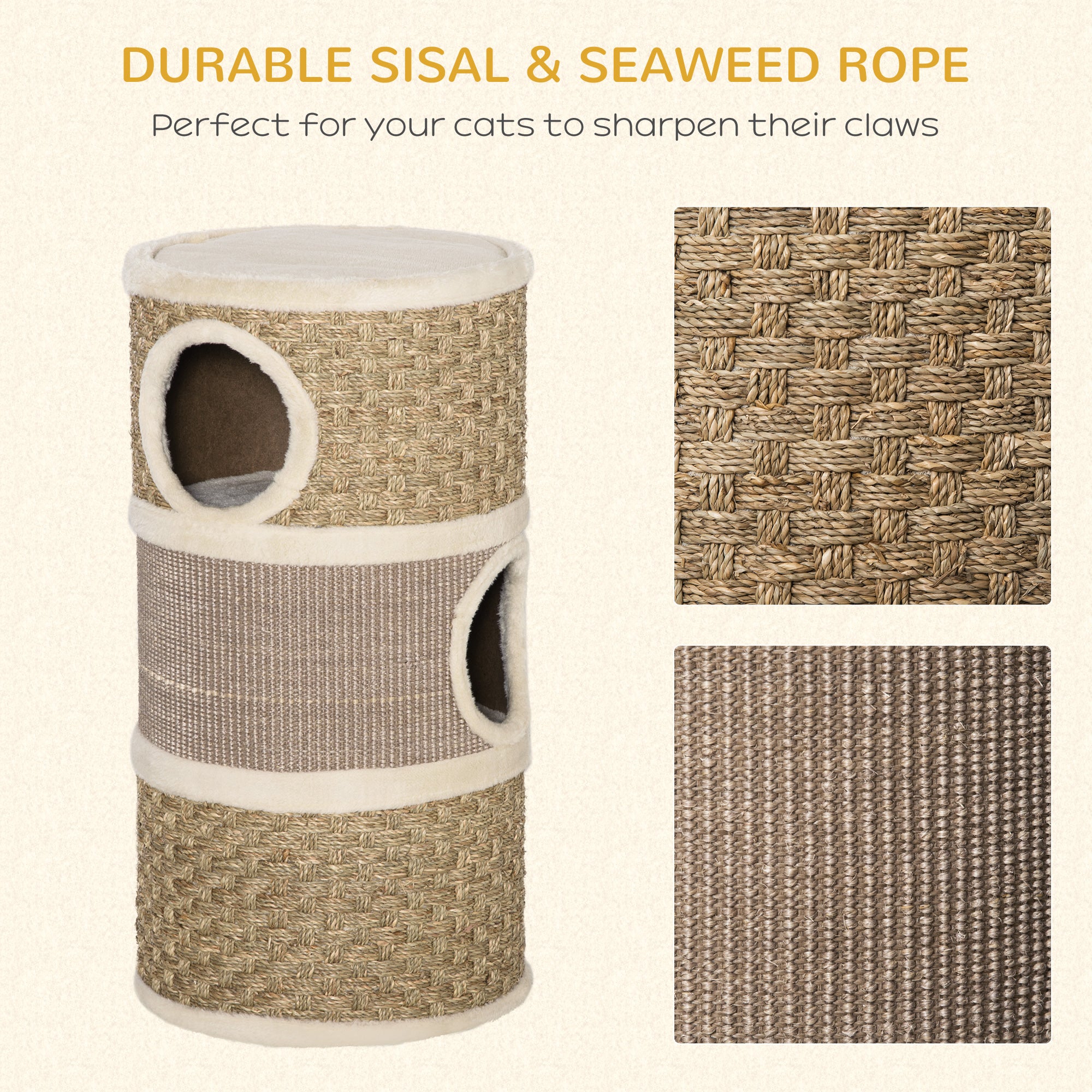 28 Inch Cat Condo, 3 Story Cat Hideaway with Sisal Scratching Pad - Khaki - Image 6