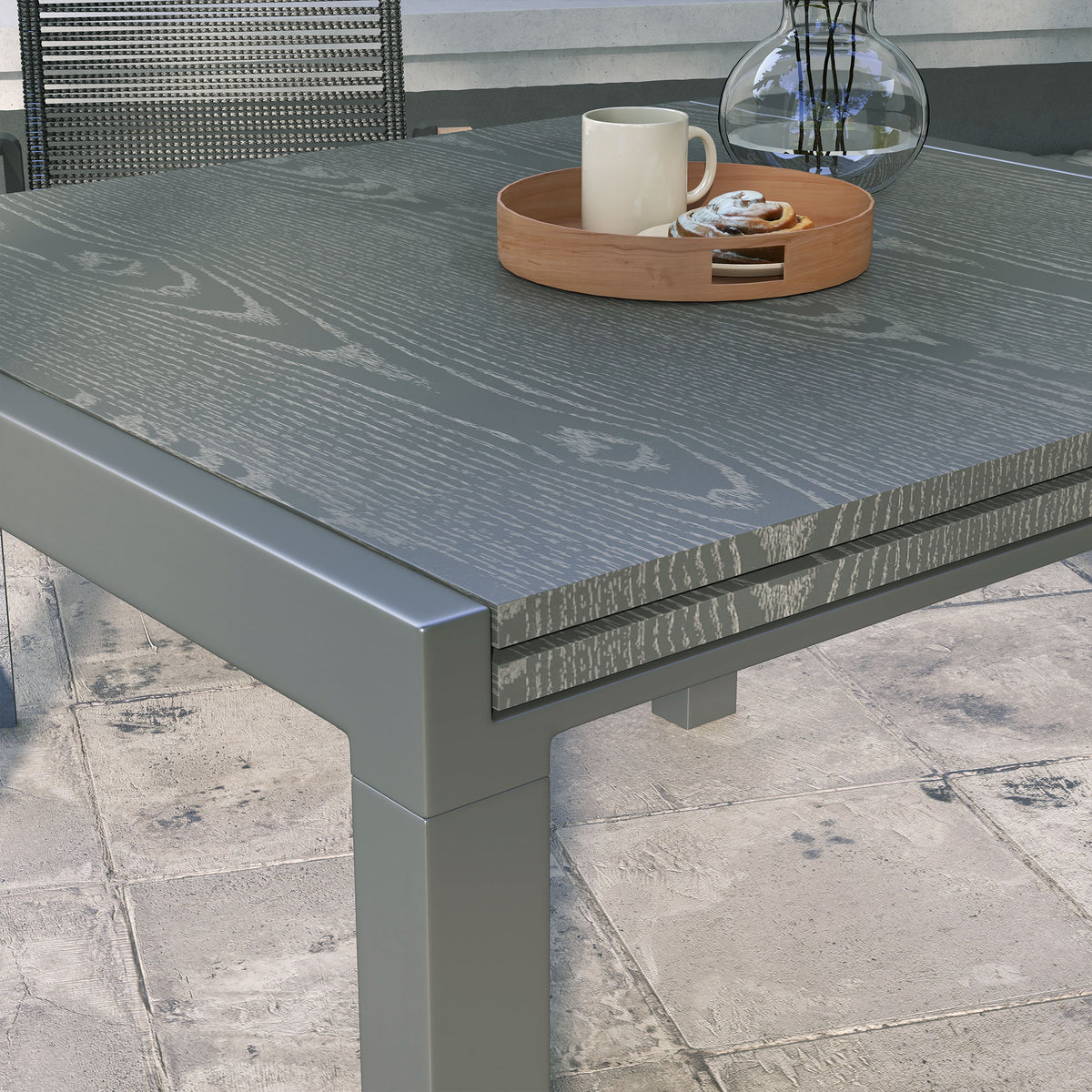 Patio Table for 6-8 People, Aluminum Frame Rectangle Garden Table with Wood Effect Steel Top, for Backyard, Dark Gray