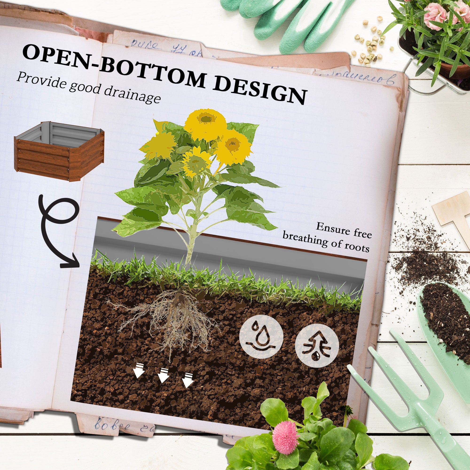 Galvanized Planter Box, 24" x 24" x 73.5" Raised Garden Bed with Tomato Cage for Climbing Vines, Brown - Brown - Image 5