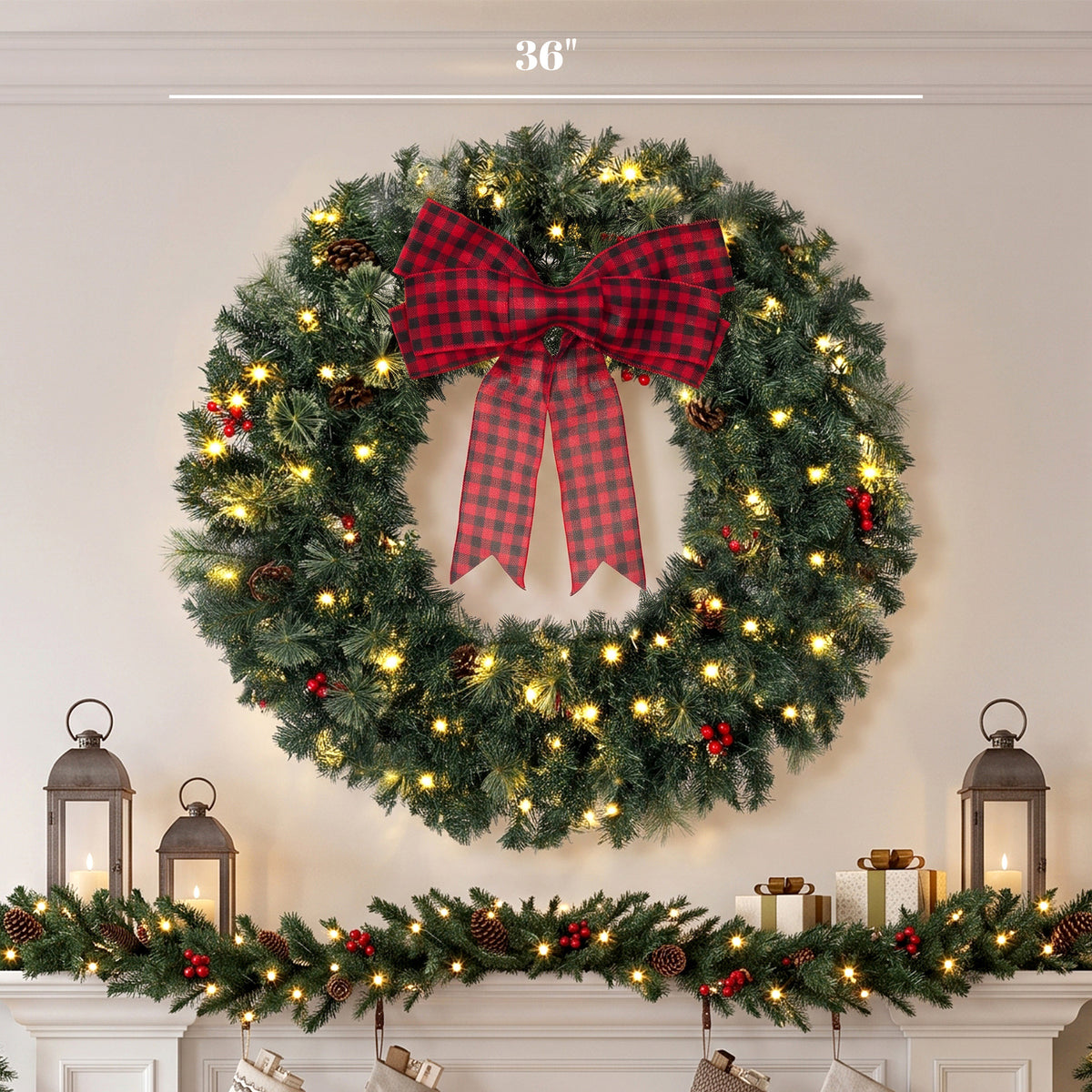 36" Prelit Crestwood Spruce Artificial Christmas Wreath, Christmas Decor with Bow, 8 Modes, Red Berries, Pinecones