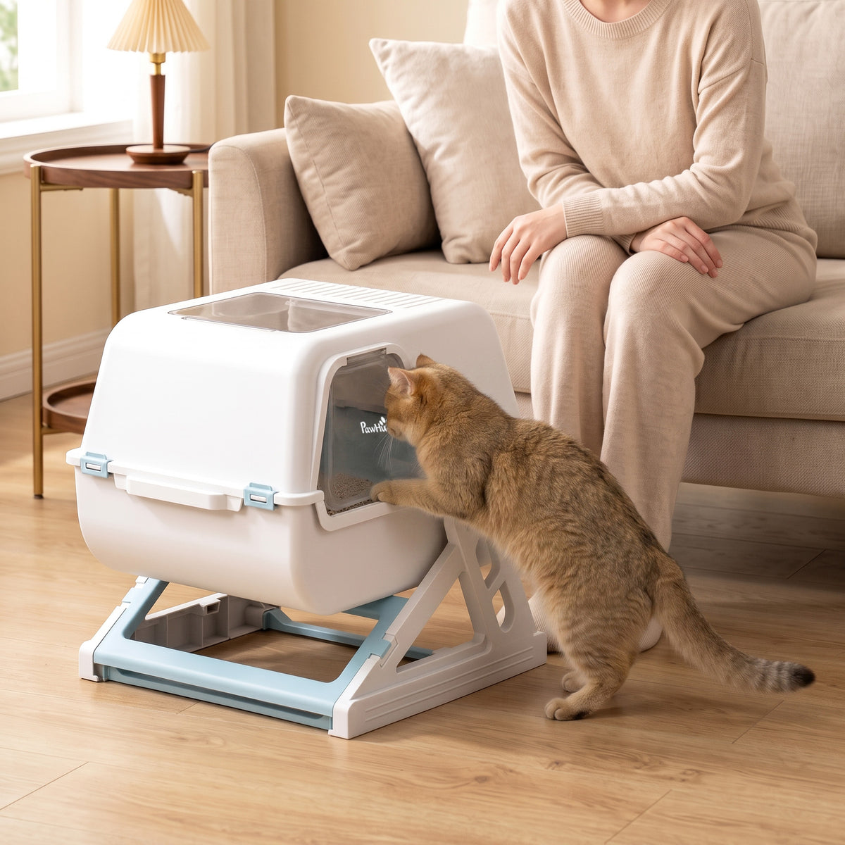 Semi-Automatic Quick Cleaning Cat Litter Box with Lid, Enclosed Cat Litter Box, Flip-to-Clean, Light Blue