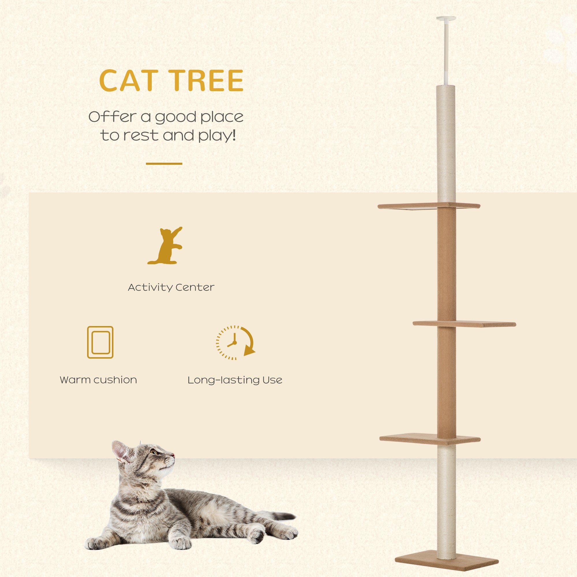 Floor-to-Ceiling Cat Tree Cat Climbing Tower with Sisal-Covered Scratching Posts Natural Cat Tree Activity Center for Kittens Cat Tower Furniture, Light brown - Brown - Image 4
