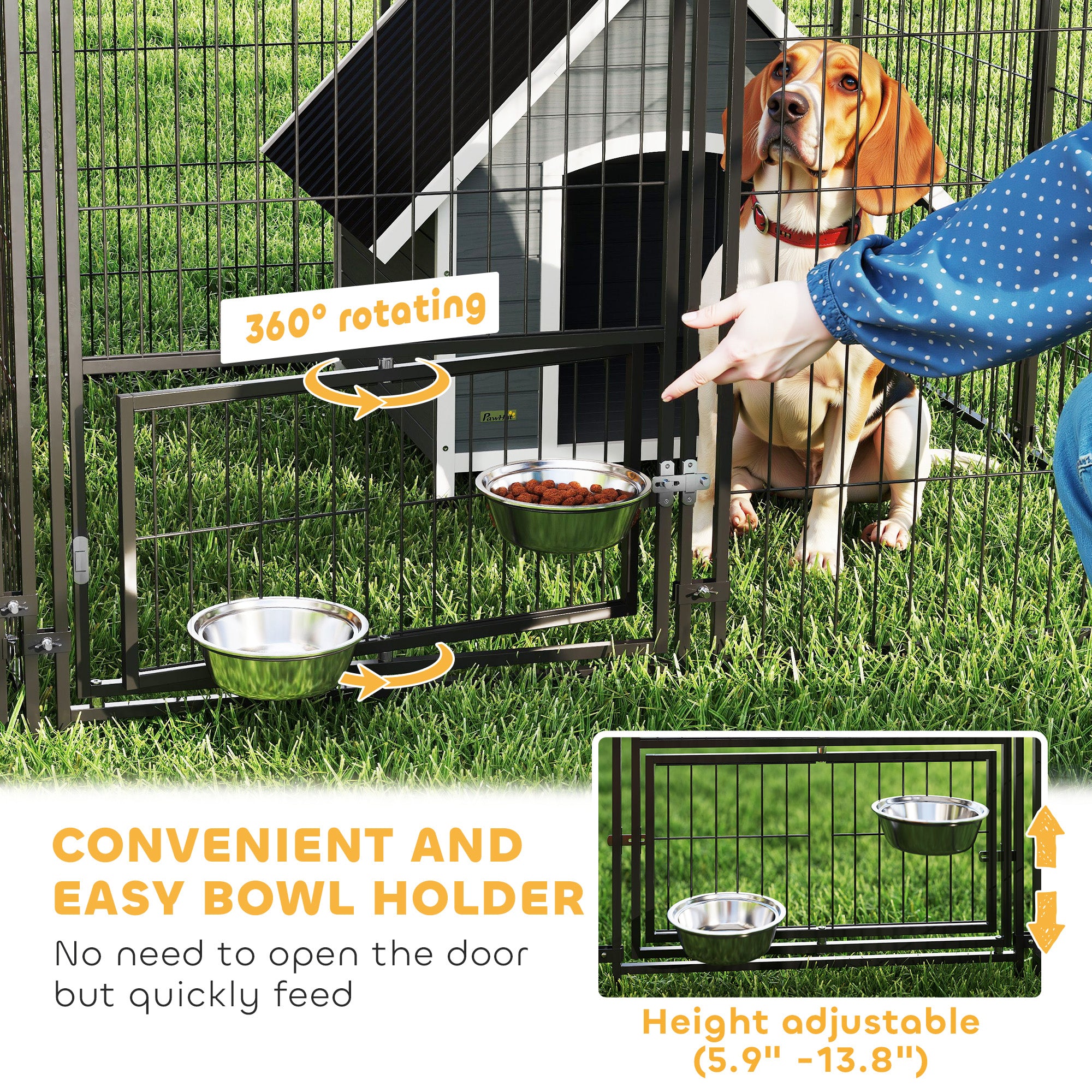 Large Outdoor Dog Kennel with 2 Rooms, Rotating & Adjustable Height Bowls, 13.5' x 9.4' x 5.1' - Coffee - Image 6