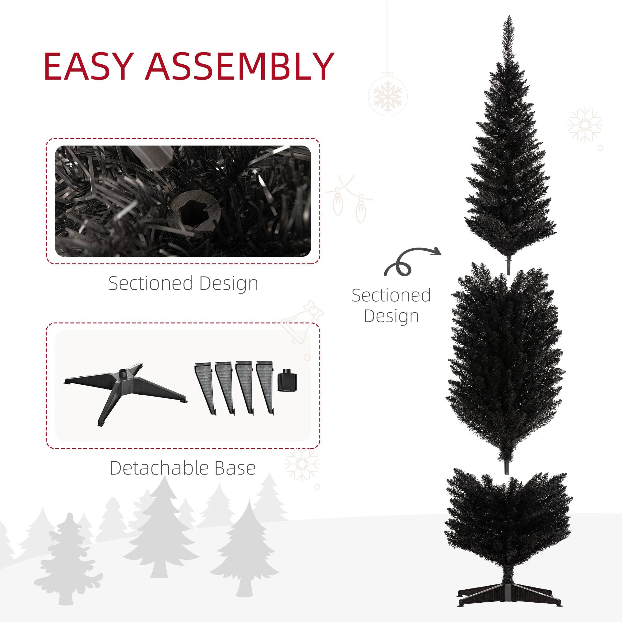 8ft Unlit Pencil Artificial Christmas Tree with Realistic Branches and 618 Tips, Plastic Base, Black
