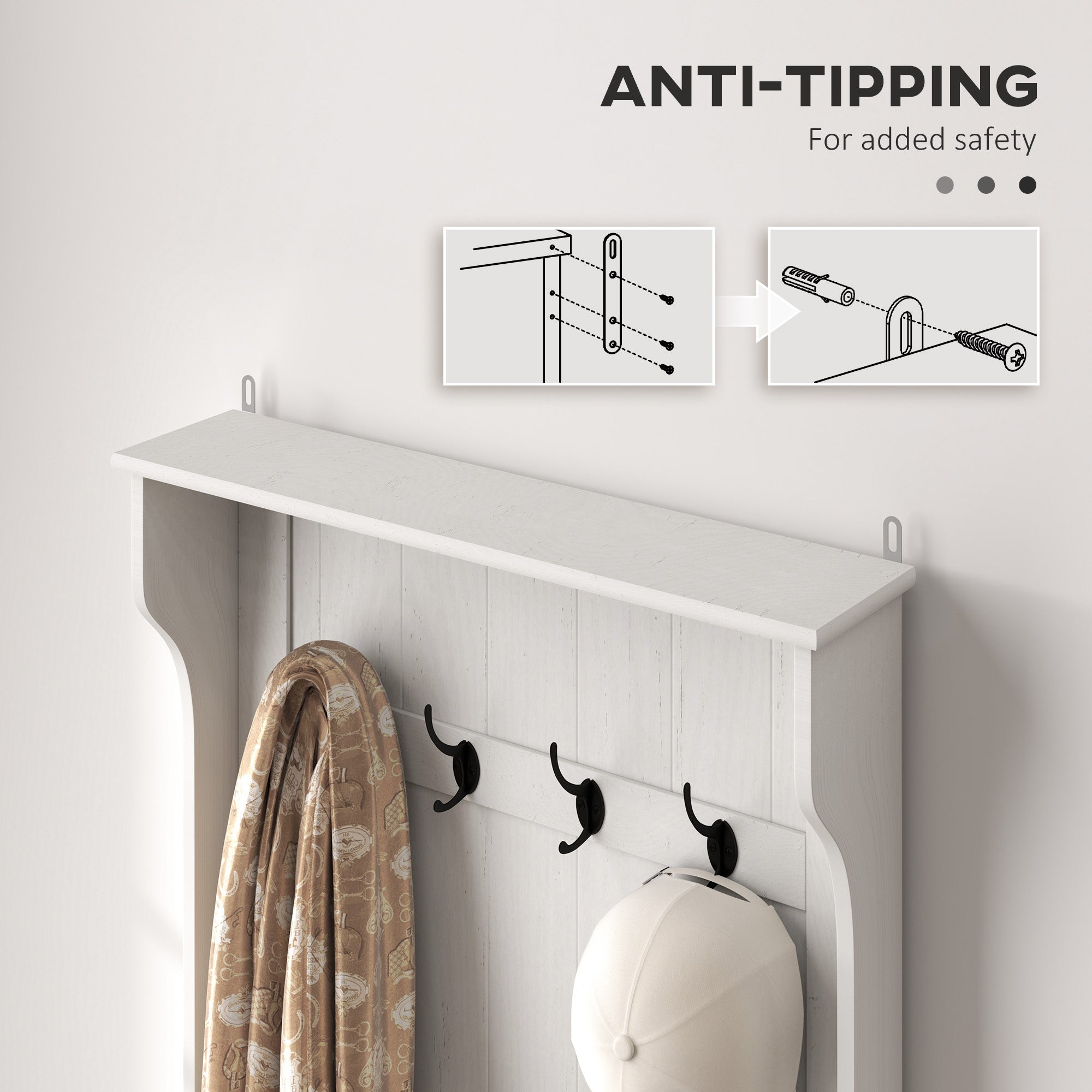Hall Tree with Coat Rack, Storage, and Sitting Bench, Cream White