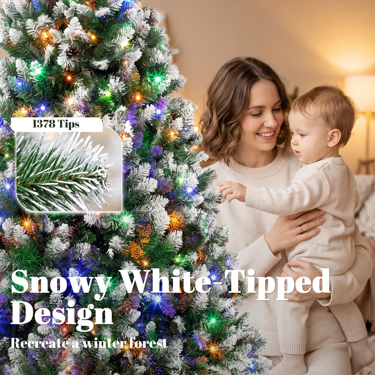 7.5ft Pre-lit Artificial Christmas Tree White-Tipped Hinged Full Xmas Tree with 1378 Tips