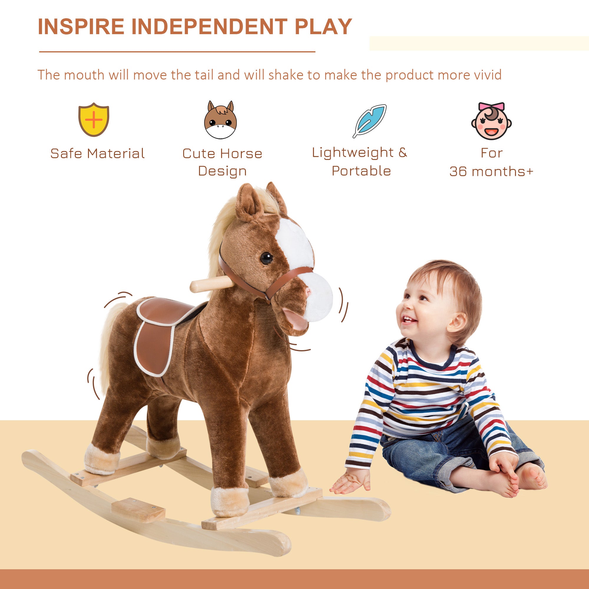 Kids Ride on Rocking Horse Toddler Plush Toy with Realistic Sounds for 3 Years Old Children - Brown