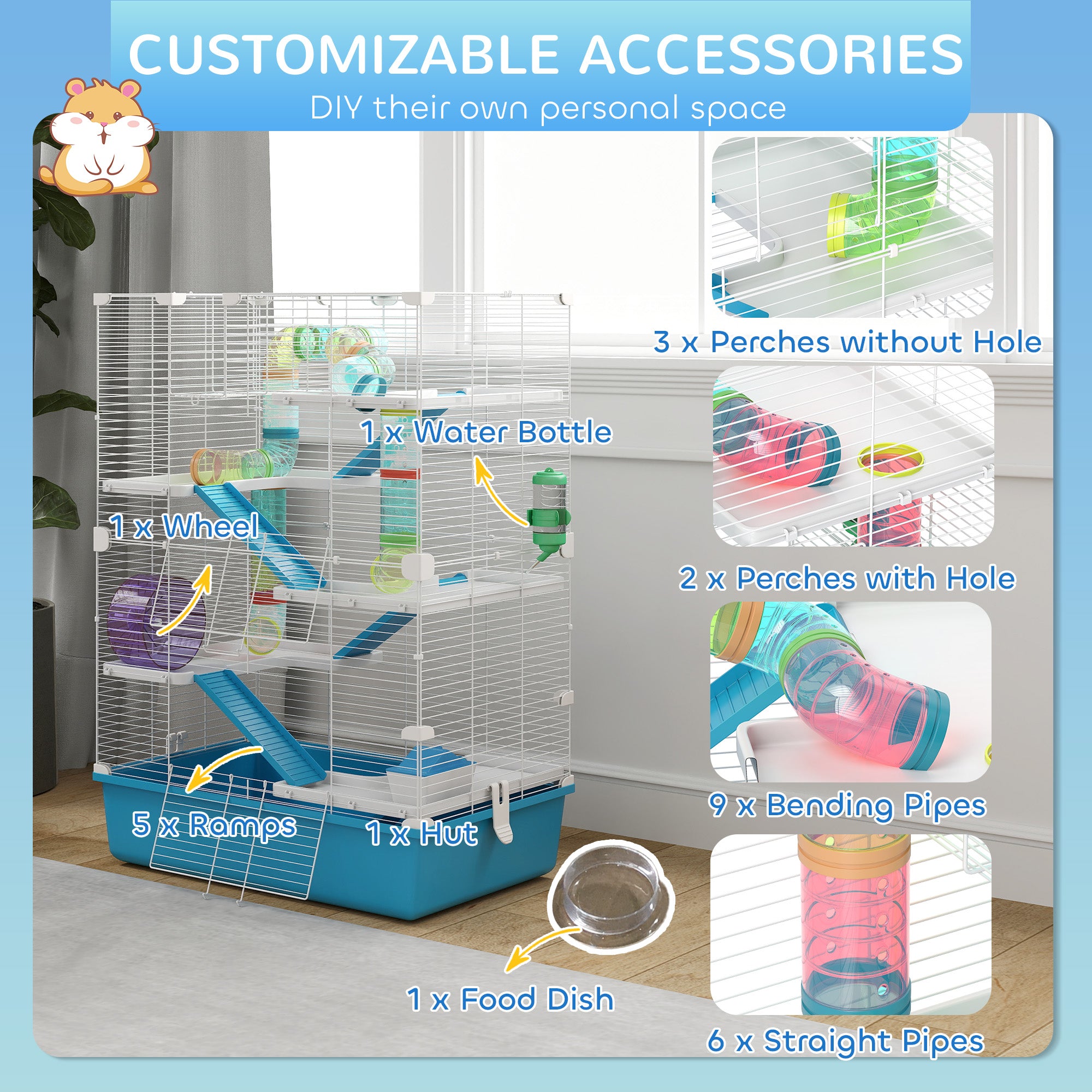 6 Tier Hamster Cage with Tubes and Tunnels, Hut, Wheel, Food Dish, Water Bottle, Ramps, for Dwarf & Gerbil, Light Blue - Light Blue - Image 6