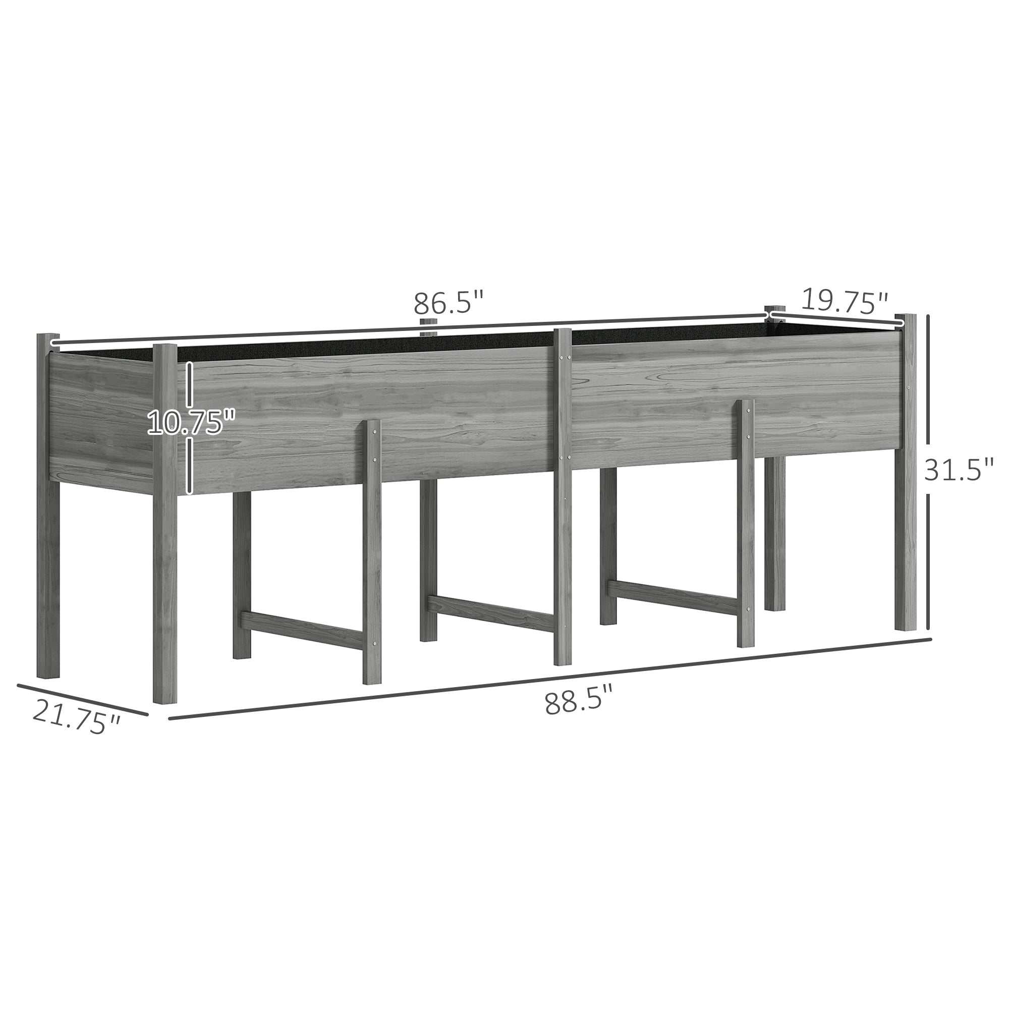 Wooden Raised Garden Bed, Large Elevated Planter Box with Legs, Bed Liner and Drain Holes, 7.4' x 1.8' x 2.6', Gray - Gray - Image 3