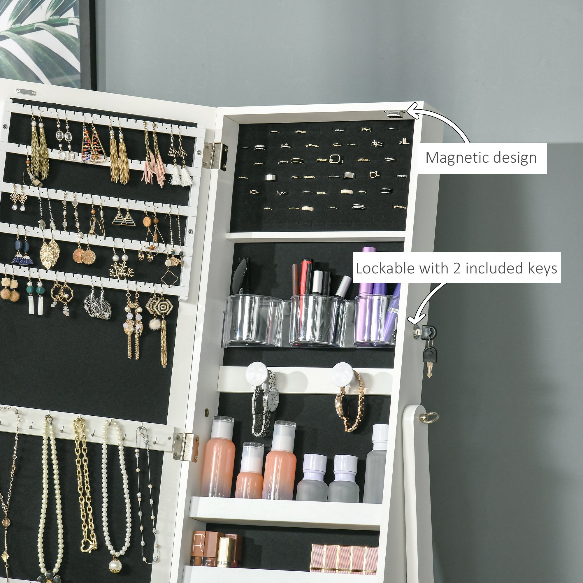 60" Full-Length Mirror Jewelry Storage Armoire w/ Lockable Door & Key, White