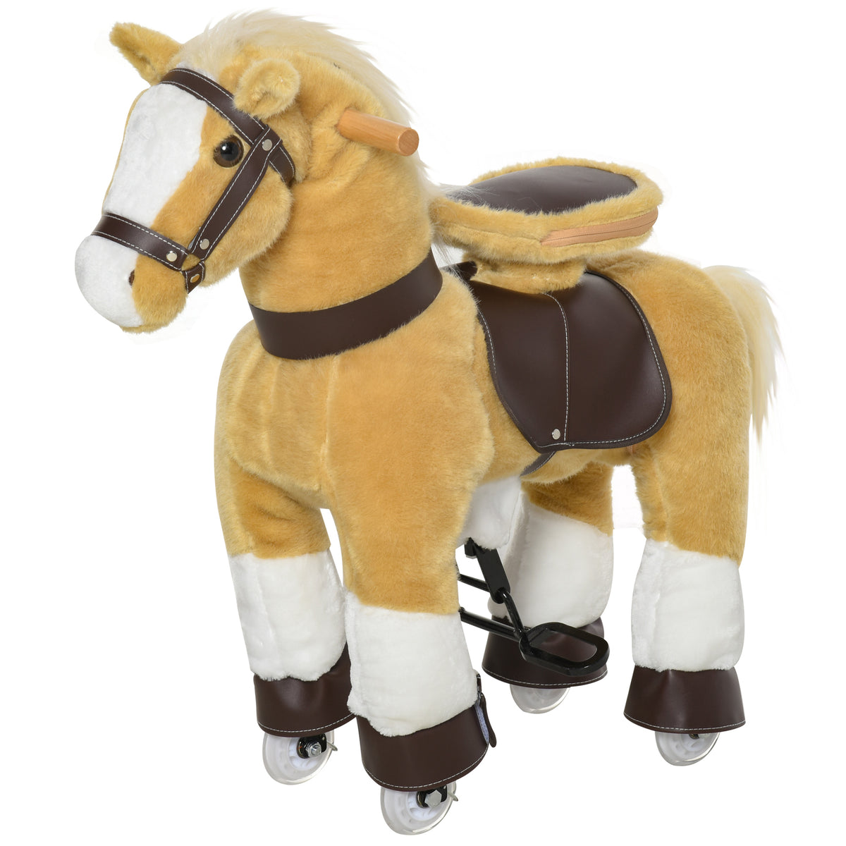 Qaba Ride on Horse, Plush Walking Horse Toy, Kids Riding Chair with Wheels for Kids 3-9 Years, Light Brown
